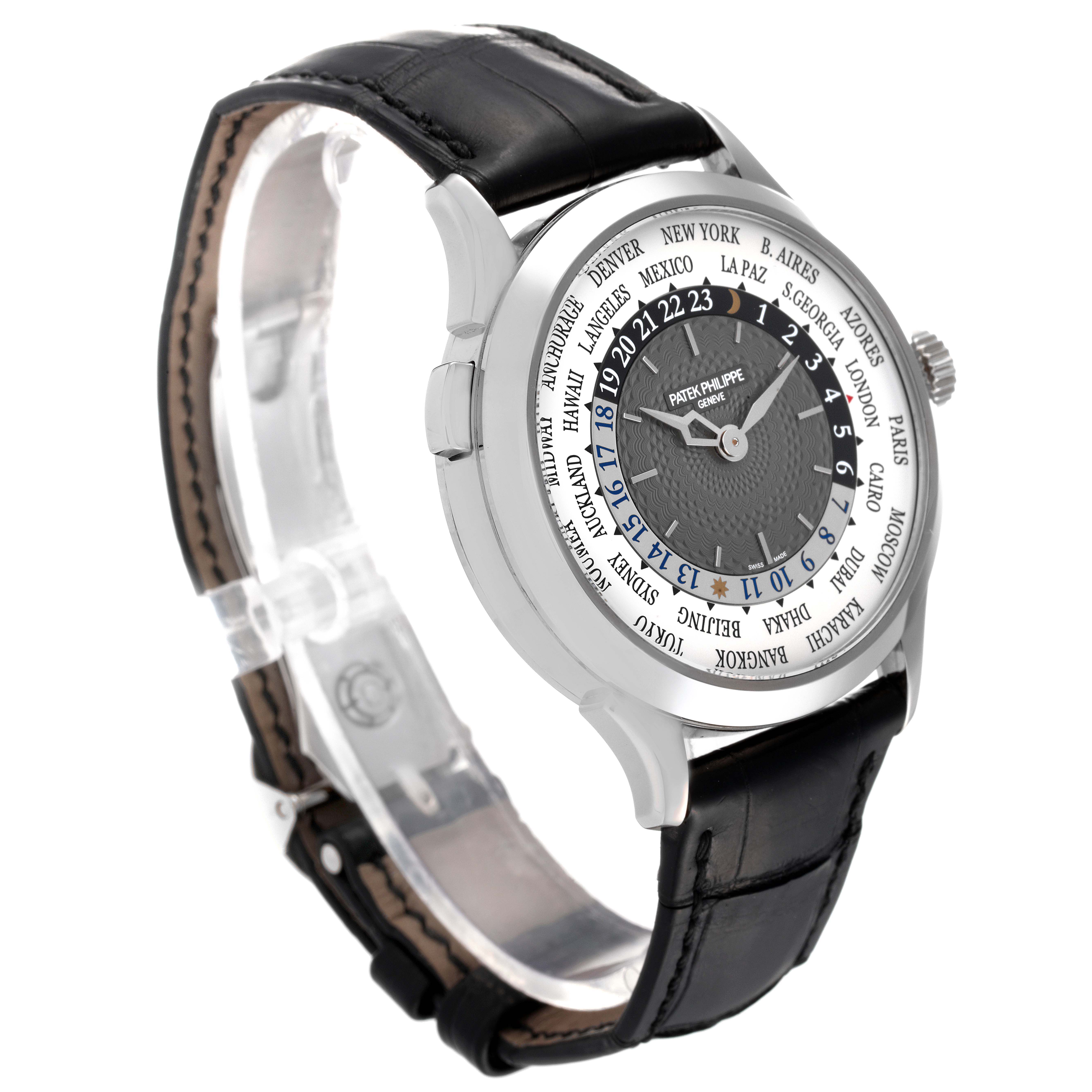 The Patek Philippe Complications 5230G-001 Men
s White Gold Grey Dial 5230G-001 Men
s White Gold Grey Dial model is shown from a three-quarter angle, highlighting the face, bezel, and leather strap.