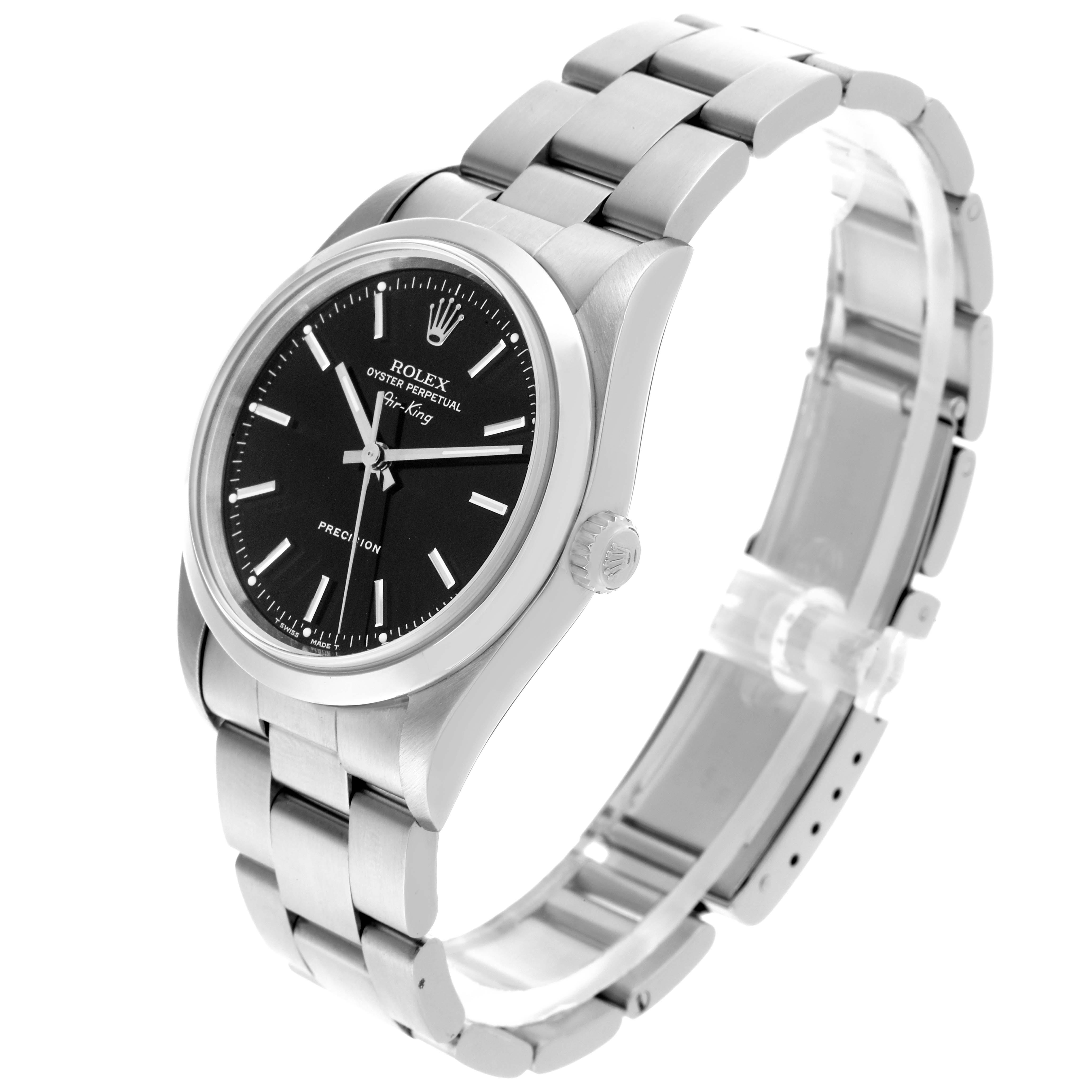 The Rolex Air-King 14000 Men's Stainless Steel Black Dial 14000 Men's Stainless Steel Black Dial watch is shown from a three-quarter angle, displaying the face, bezel, crown, and bracelet.