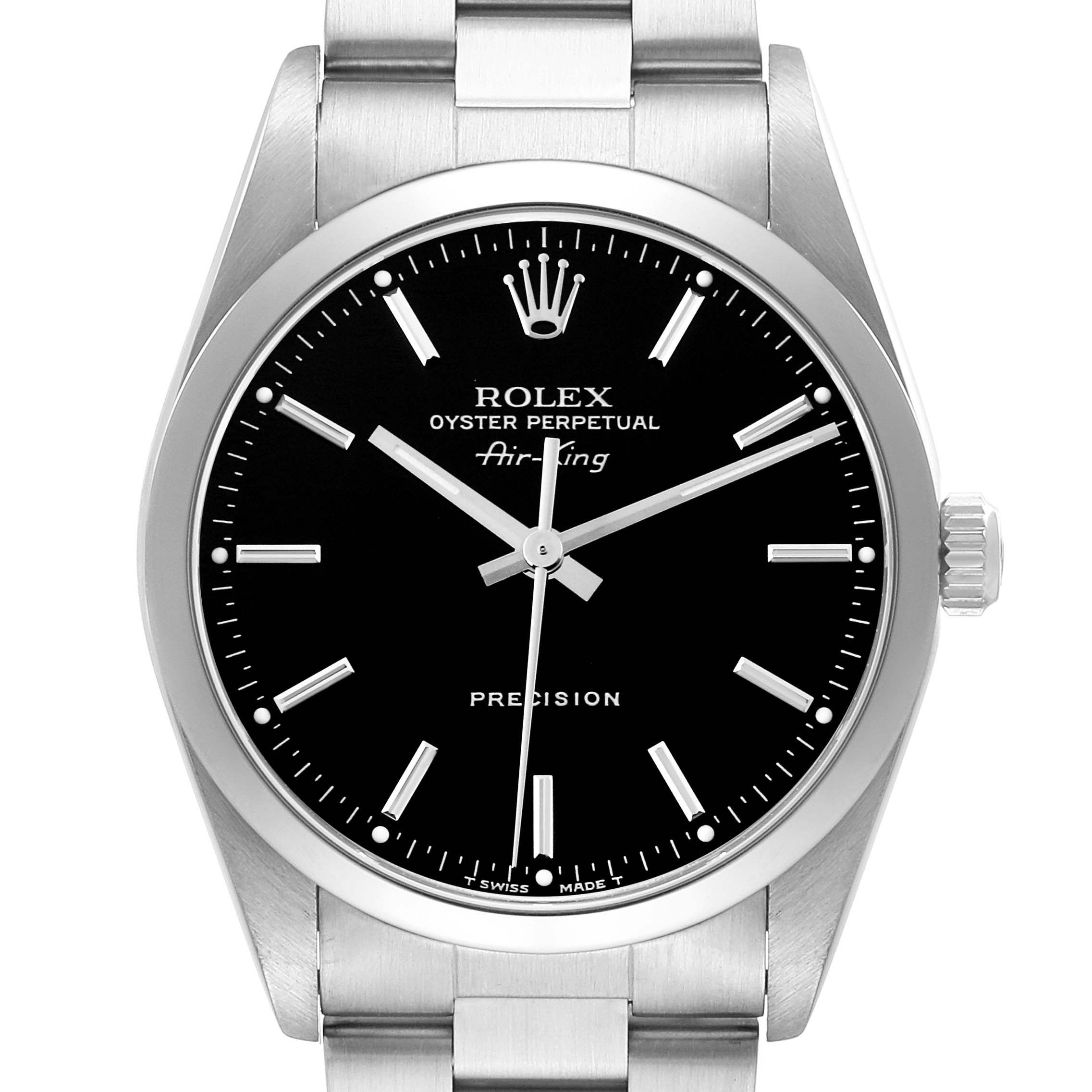 The Rolex Air-King 14000 Men's Stainless Steel Black Dial 14000 Men's Stainless Steel Black Dial watch is shown from a front angle, displaying its black dial and silver bracelet.