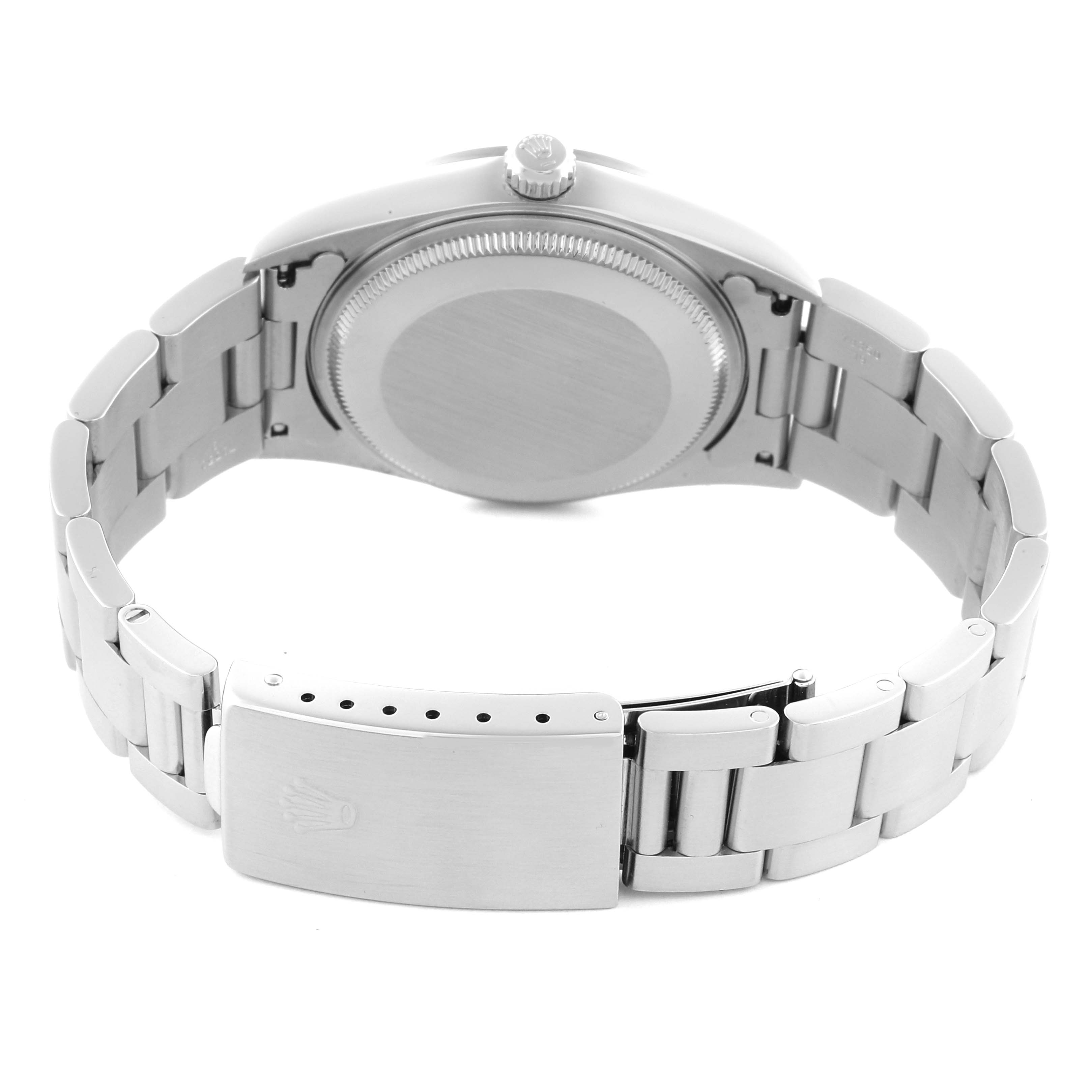 The image shows the back and bracelet of a Rolex Air-King 14000 Men's Stainless Steel Black Dial 14000 Men's Stainless Steel Black Dial watch, featuring its clasp and rear case.