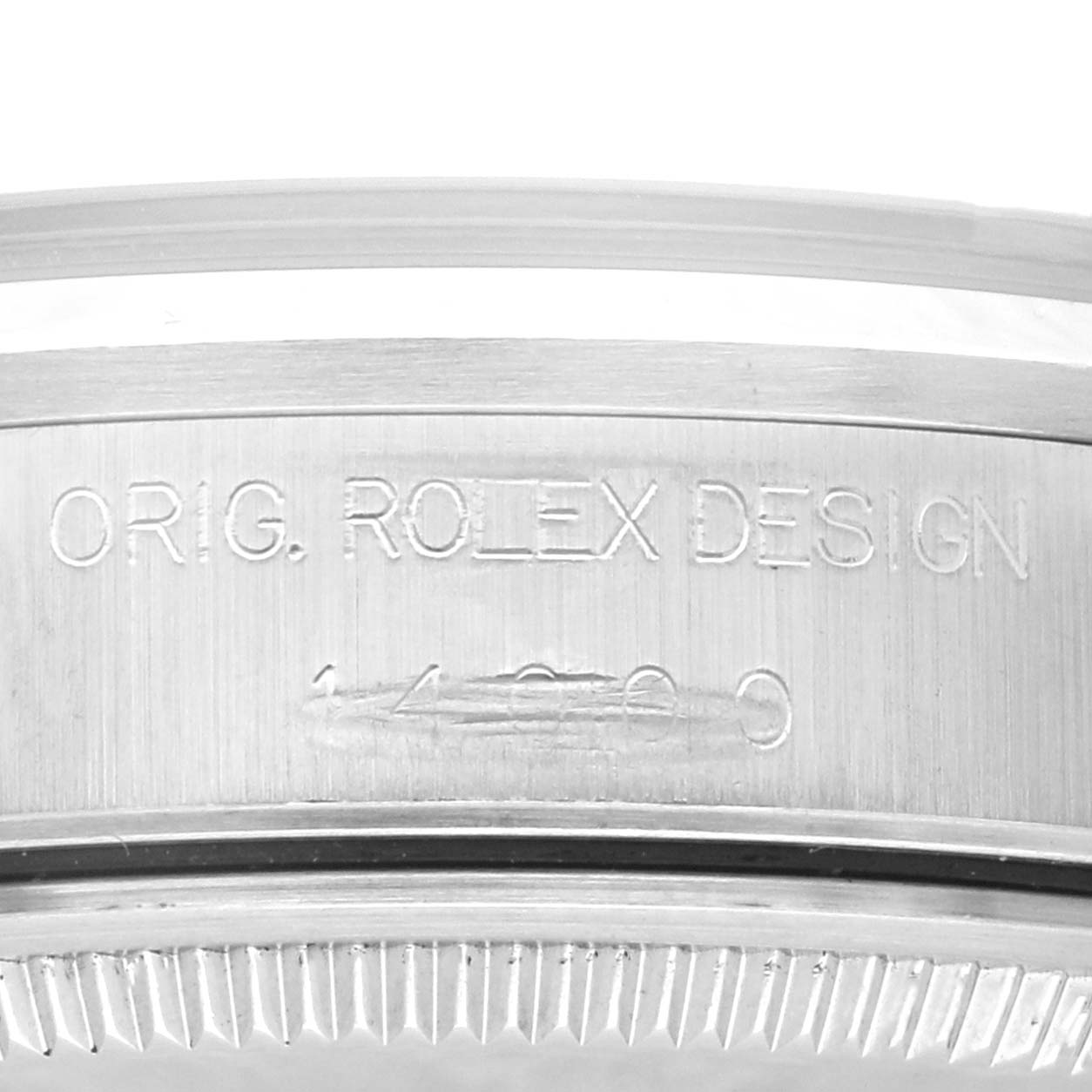 The image shows a side view of the Rolex Air-King 14000 Men's Stainless Steel Black Dial 14000 Men's Stainless Steel Black Dial case, highlighting the engraved branding.