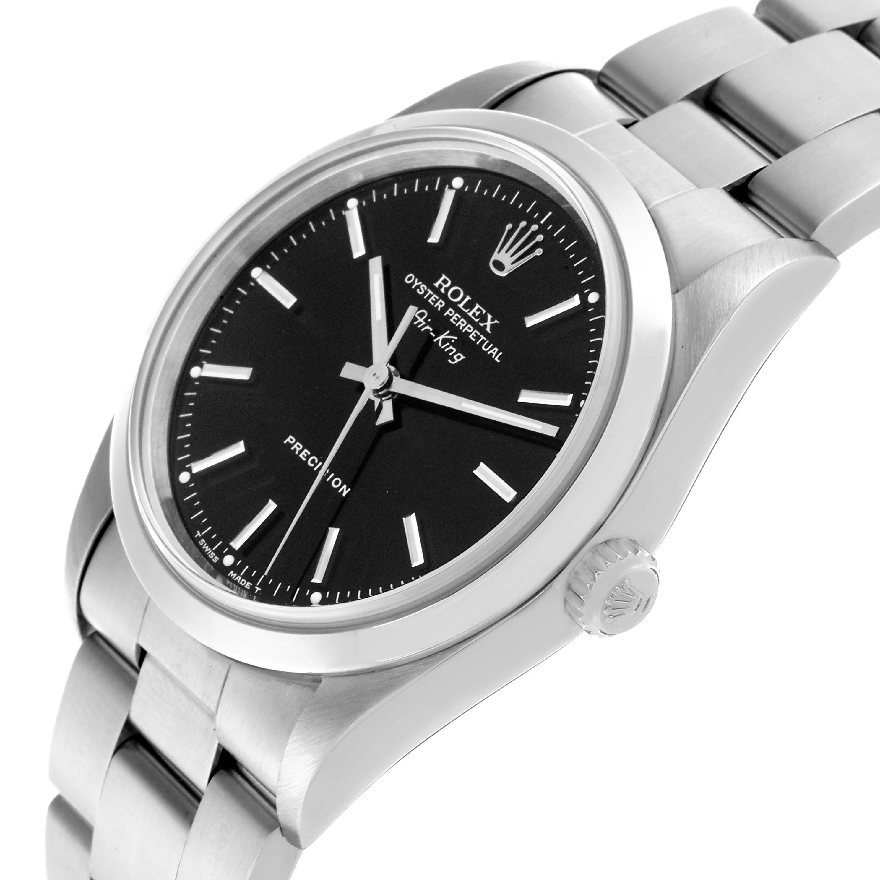 The Rolex Air-King 14000 Men's Stainless Steel Black Dial 14000 Men's Stainless Steel Black Dial watch is shown at an angle highlighting the face, crown, and bracelet from a side-close perspective.