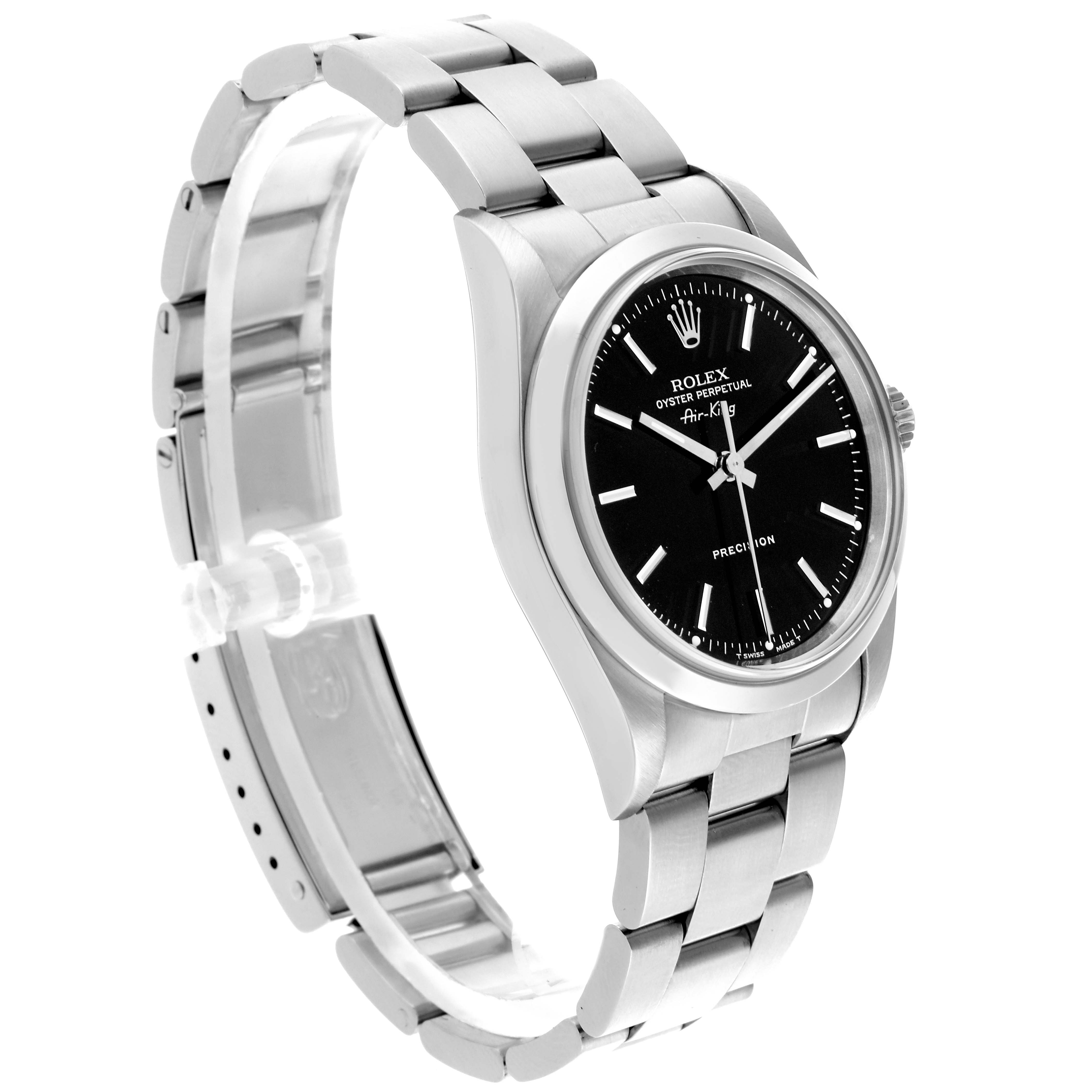 The Rolex Air-King 14000 Men's Stainless Steel Black Dial 14000 Men's Stainless Steel Black Dial watch is shown from a three-quarter angle, highlighting the black dial, case, bezel, and bracelet.