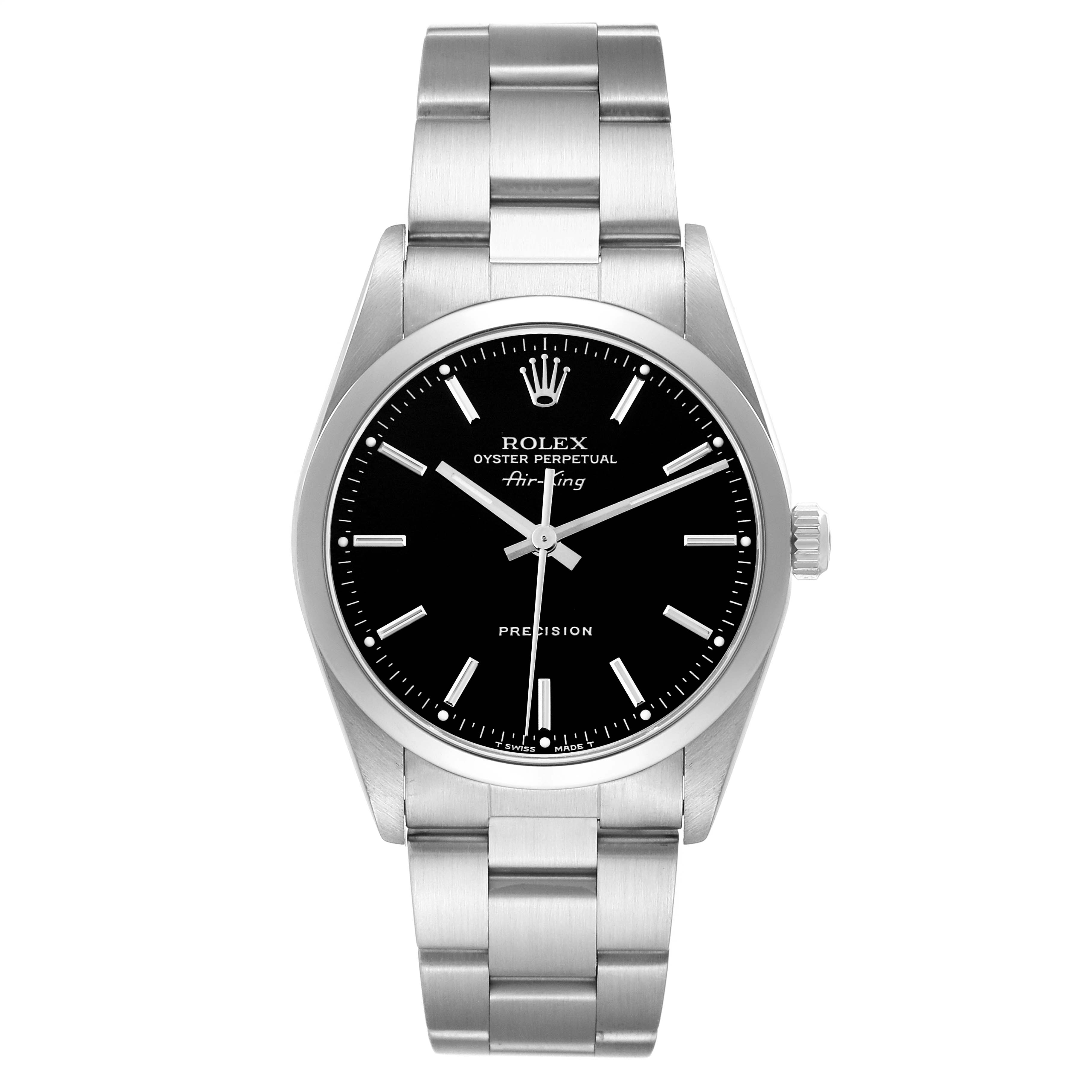 The Rolex Air-King 14000 Men's Stainless Steel Black Dial 14000 Men's Stainless Steel Black Dial watch is shown from a front angle, displaying the full face, bezel, and bracelet.