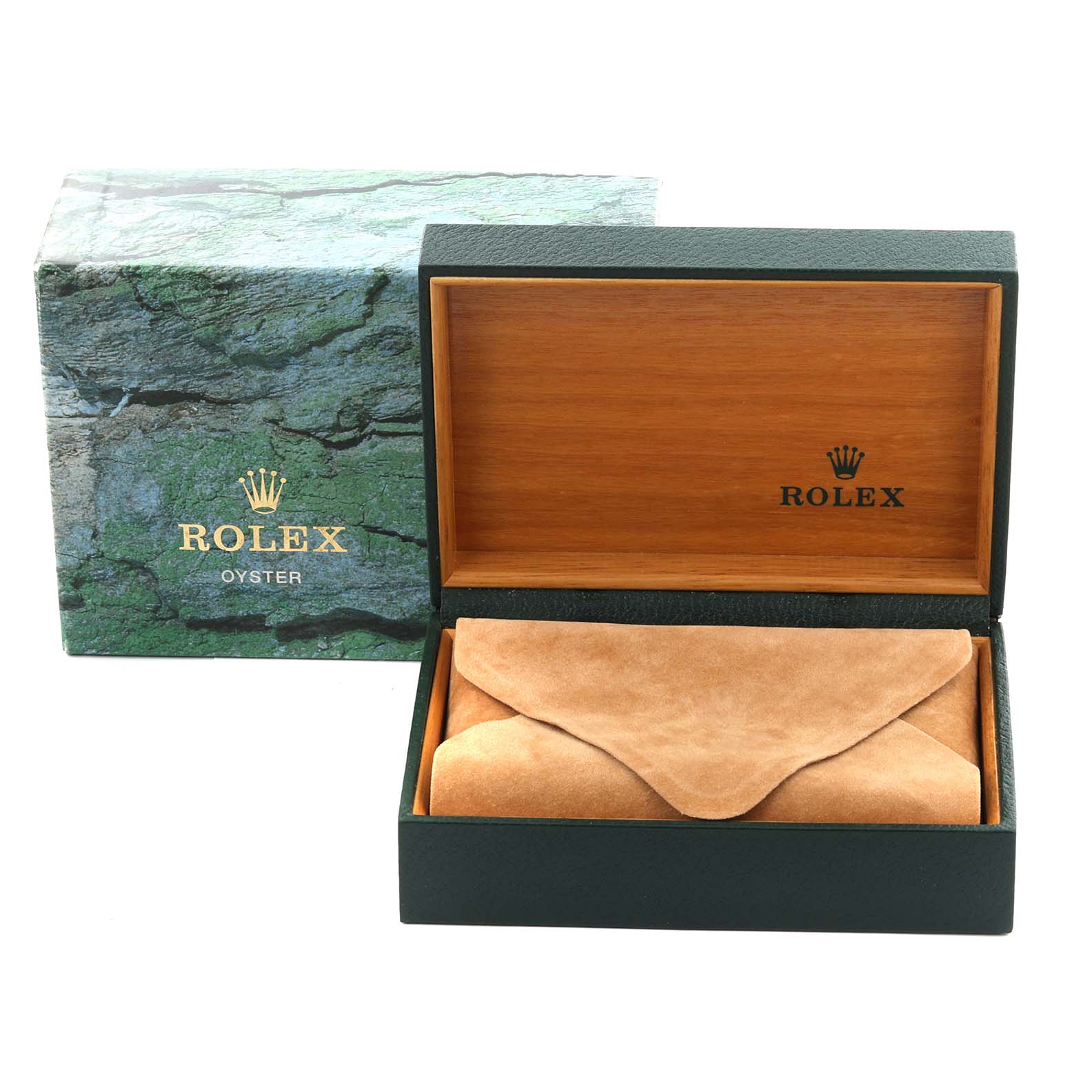 The image shows a Rolex Air-King 14000 Men's Stainless Steel Black Dial 14000 Men's Stainless Steel Black Dial watch box and suede pouch from a top angle.