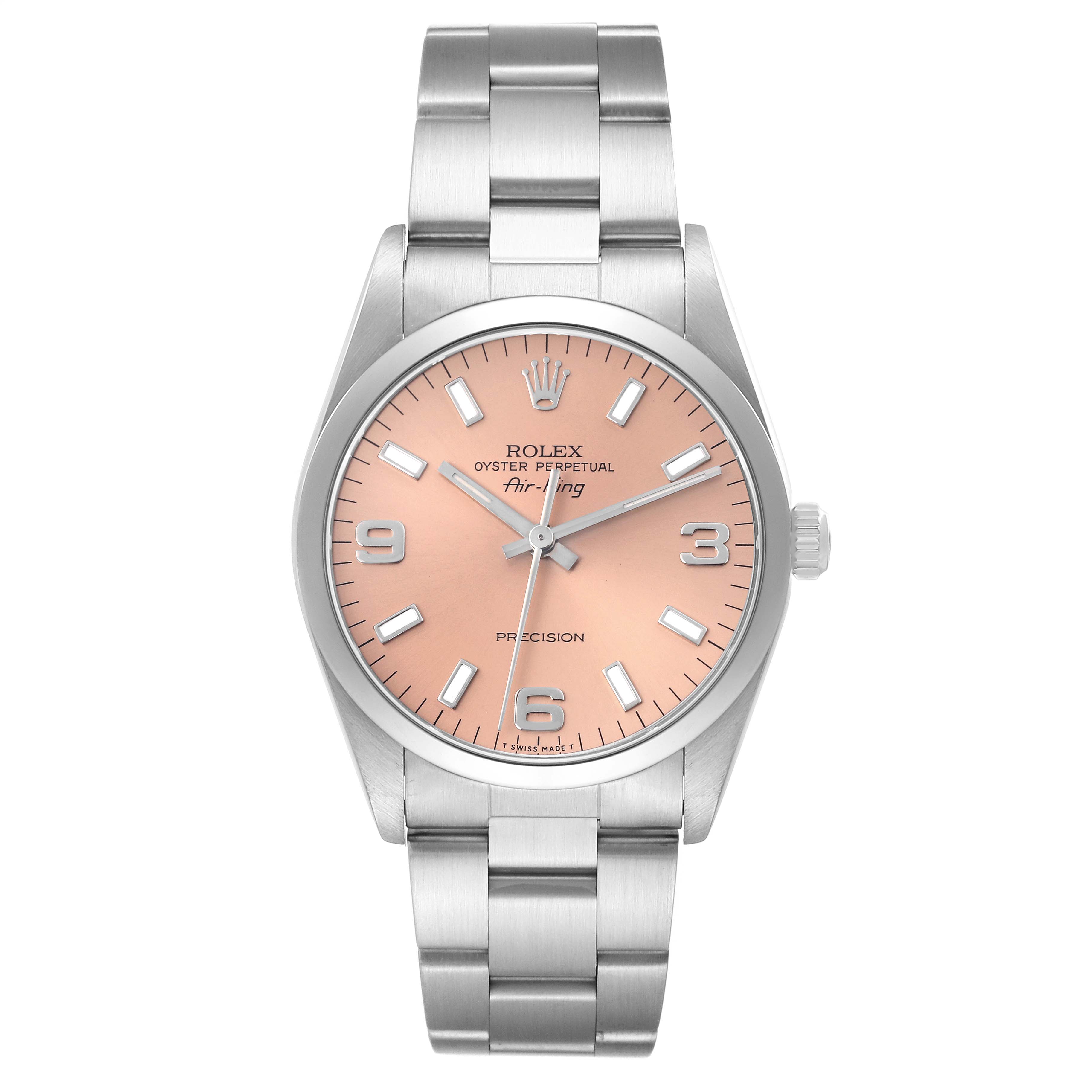 The image shows a front view of the Rolex Air-King 14000 Men's Stainless Steel Pink Dial 14000 Men's Stainless Steel Pink Dial watch, displaying the face, bezel, and metal bracelet.