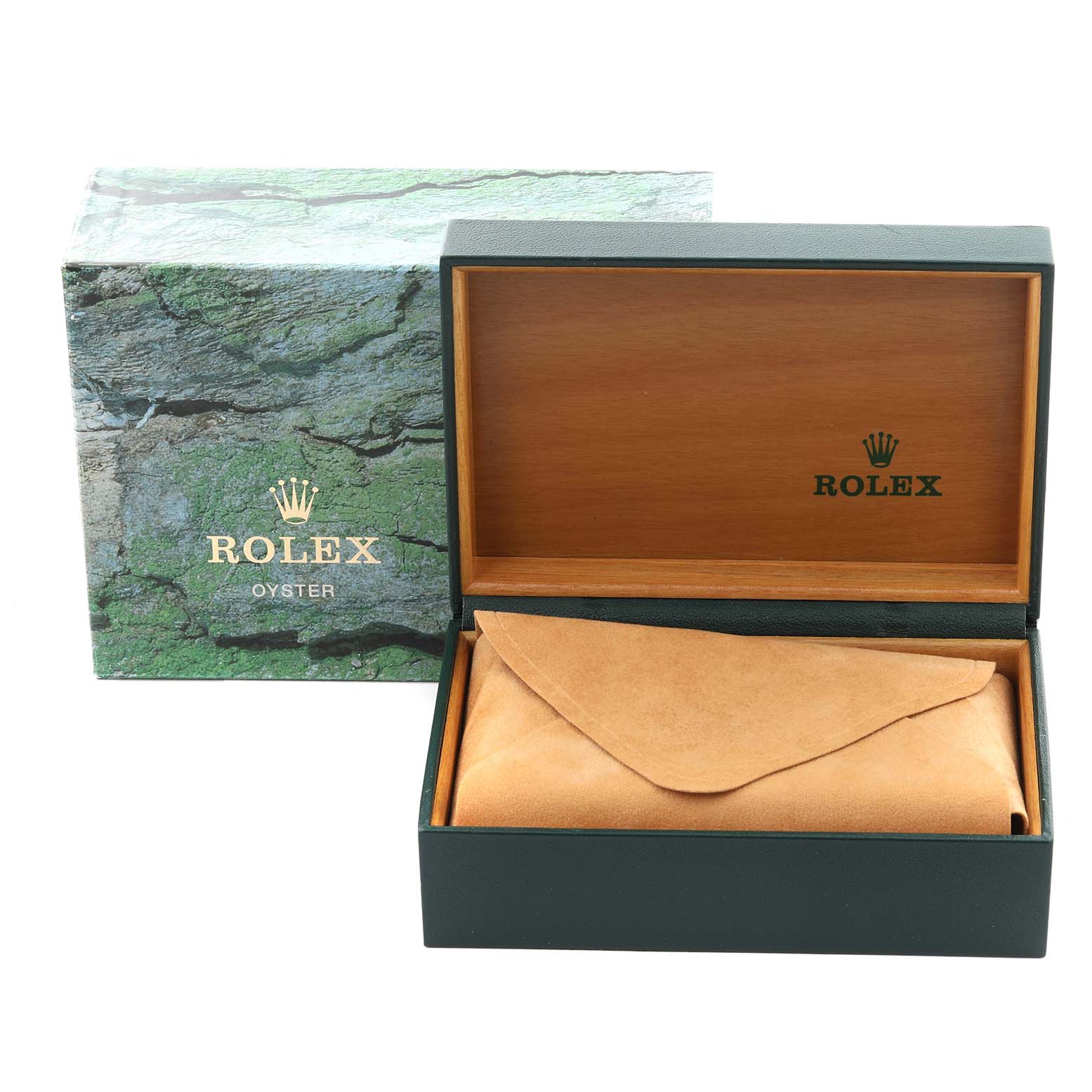 The image shows a Rolex Air-King 14000 Men's Stainless Steel Pink Dial 14000 Men's Stainless Steel Pink Dial box and leather pouch, with no watch visible.