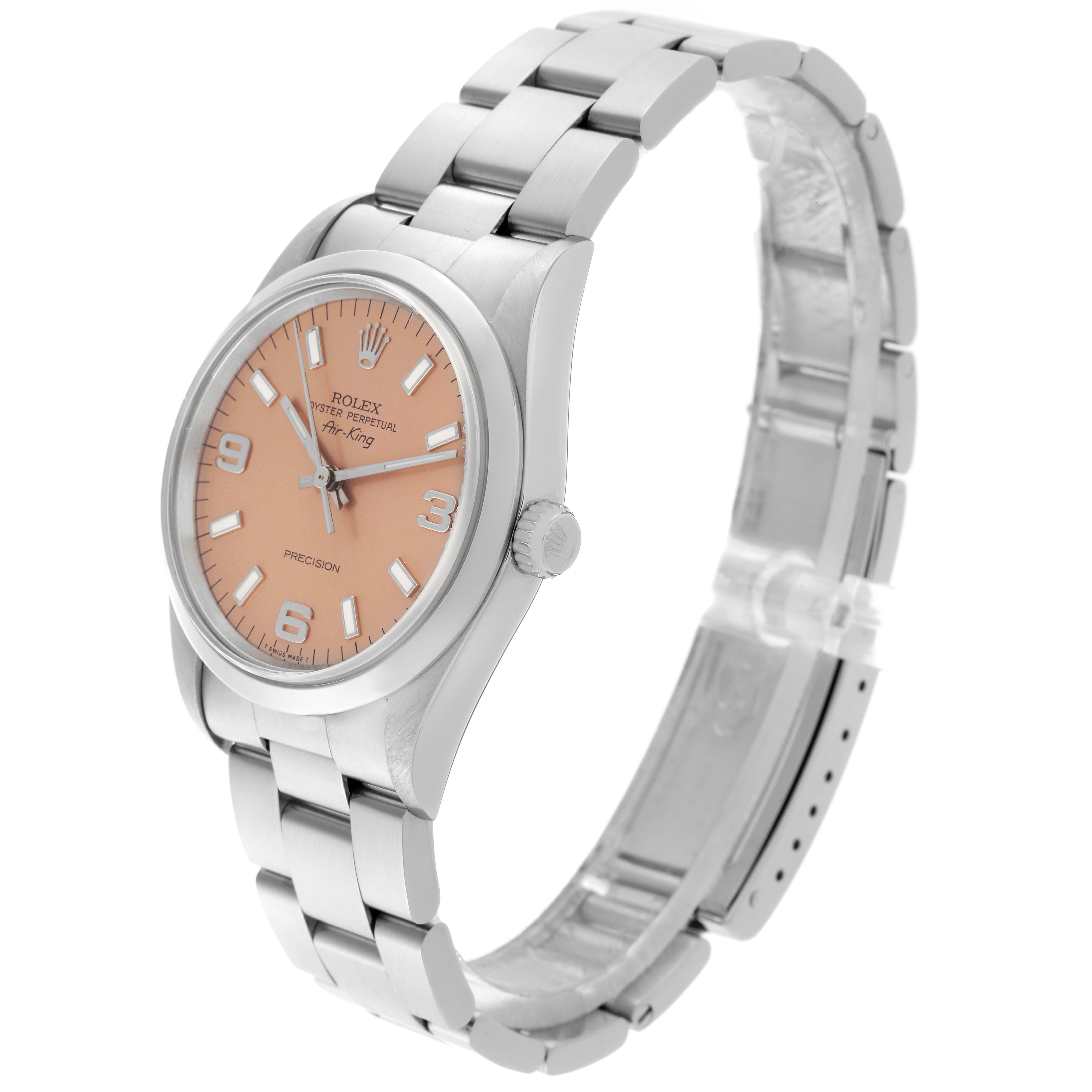 The Rolex Air-King 14000 Men's Stainless Steel Pink Dial 14000 Men's Stainless Steel Pink Dial watch is shown at a three-quarter angle, highlighting the dial, case, crown, and part of the bracelet.
