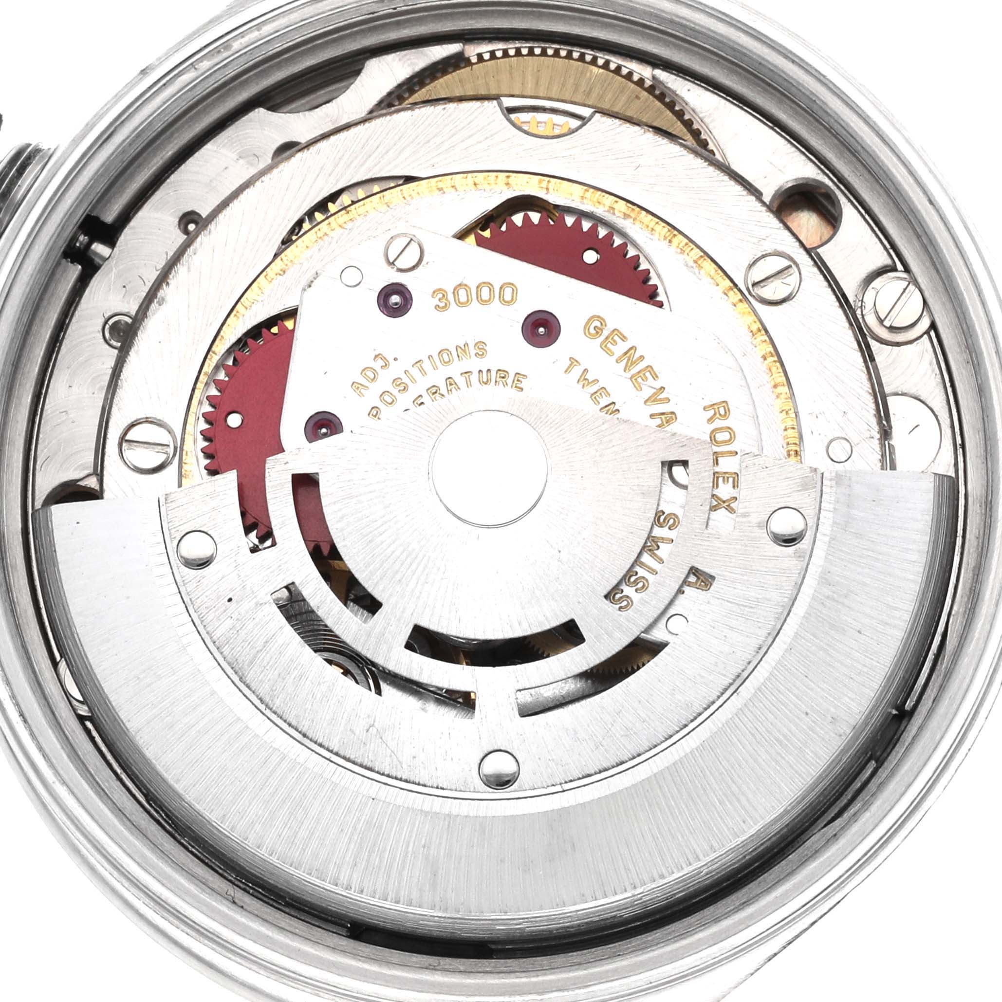 The image shows the intricate internal mechanism of the Rolex Air-King 14000 Men's Stainless Steel Pink Dial 14000 Men's Stainless Steel Pink Dial watch at a top-down angle.