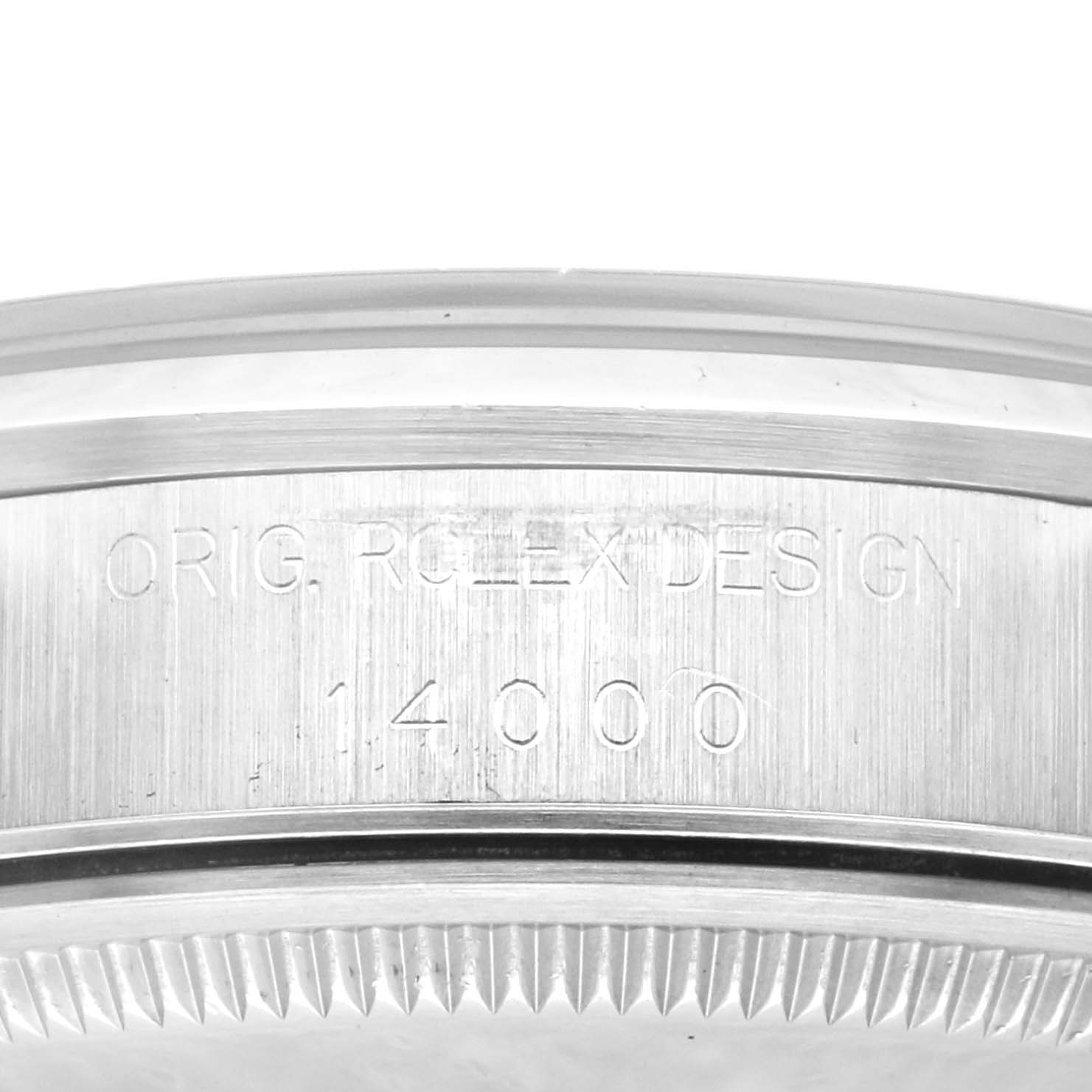 The image shows a close-up angle of the side of a Rolex Air-King 14000 Men's Stainless Steel Pink Dial 14000 Men's Stainless Steel Pink Dial watch, highlighting the engraved text and model number.