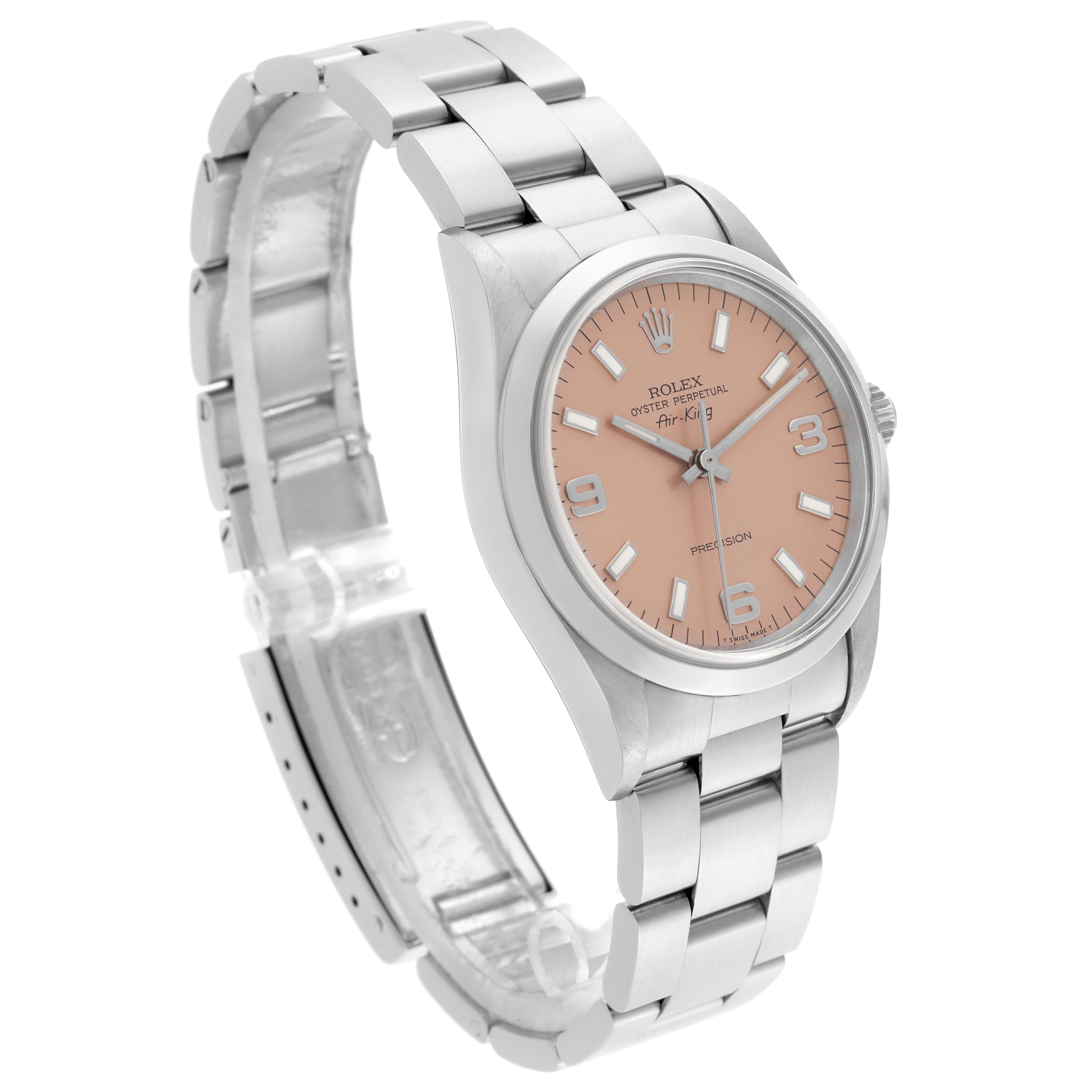 The Rolex Air-King 14000 Men's Stainless Steel Pink Dial 14000 Men's Stainless Steel Pink Dial watch is shown at a three-quarter angle, highlighting the face, bezel, and bracelet.