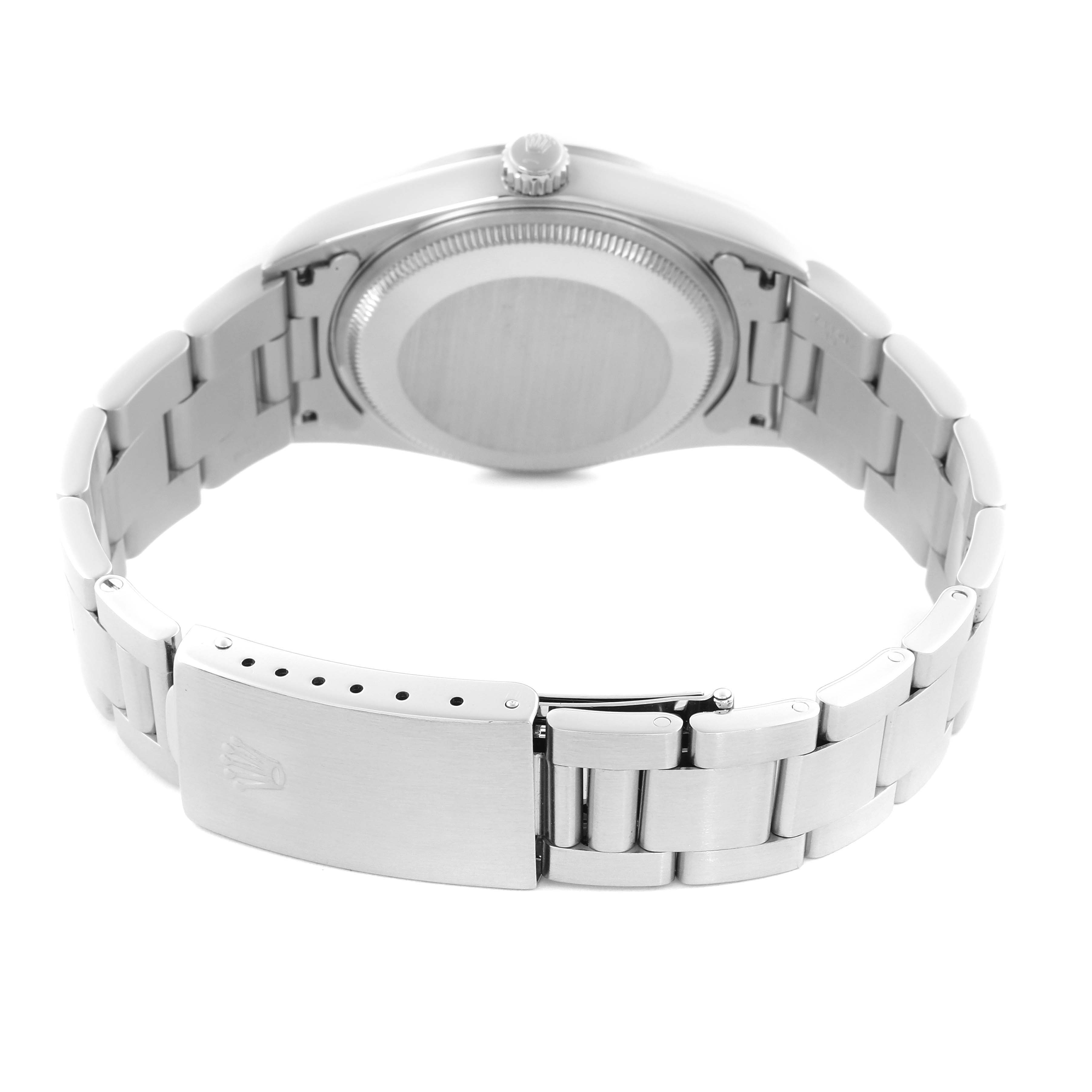 The Rolex Air-King 14000 Men's Stainless Steel Pink Dial 14000 Men's Stainless Steel Pink Dial watch is shown from the back, highlighting the clasp and bracelet.