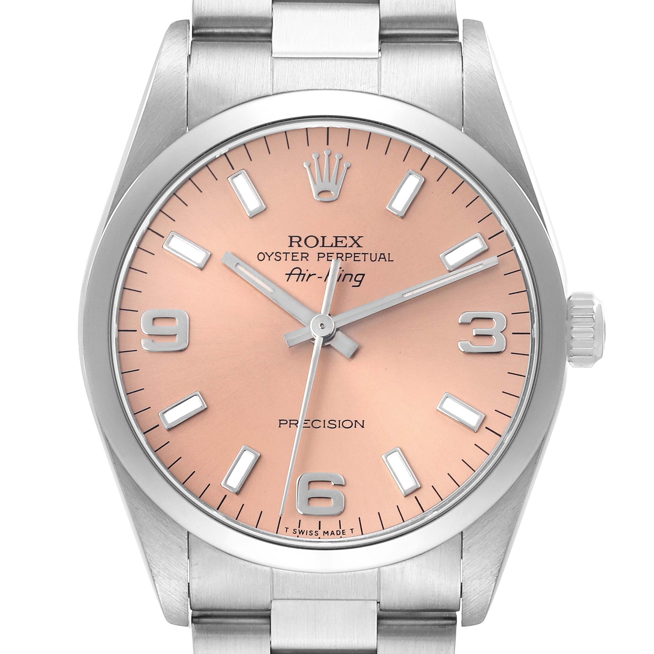 The Rolex Air-King 14000 Men's Stainless Steel Pink Dial 14000 Men's Stainless Steel Pink Dial watch is shown from a front angle, displaying its face, dial, bezel, and part of the bracelet.