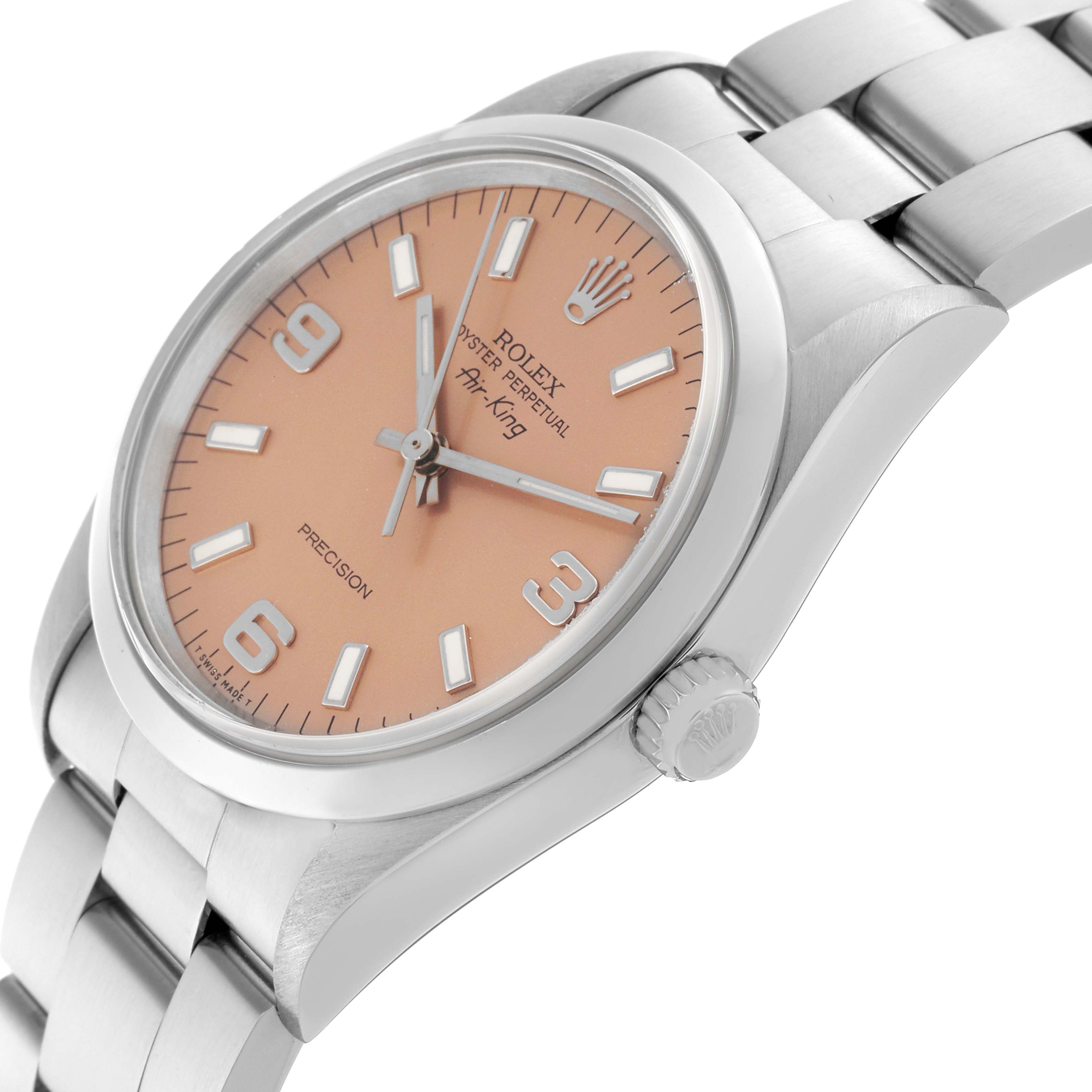 The image shows a side angle of the Rolex Air-King 14000 Men's Stainless Steel Pink Dial 14000 Men's Stainless Steel Pink Dial watch, highlighting the case, bezel, dial, crown, and bracelet.