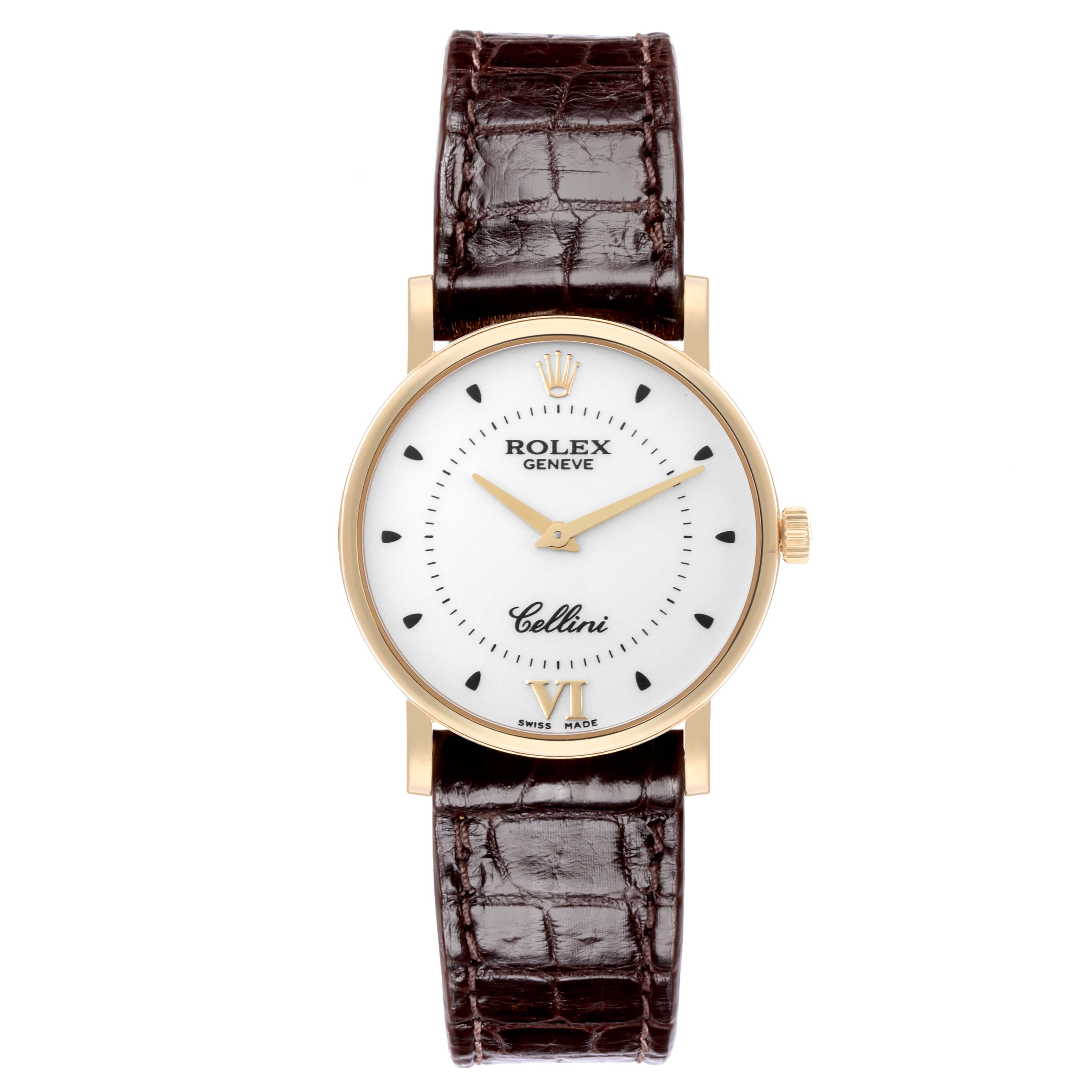 The Rolex Cellini 5115 Men's Yellow Gold Silver Dial 5115 Men's Yellow Gold Silver Dial watch is shown from a front angle, displaying the face, bezel, and leather strap.
