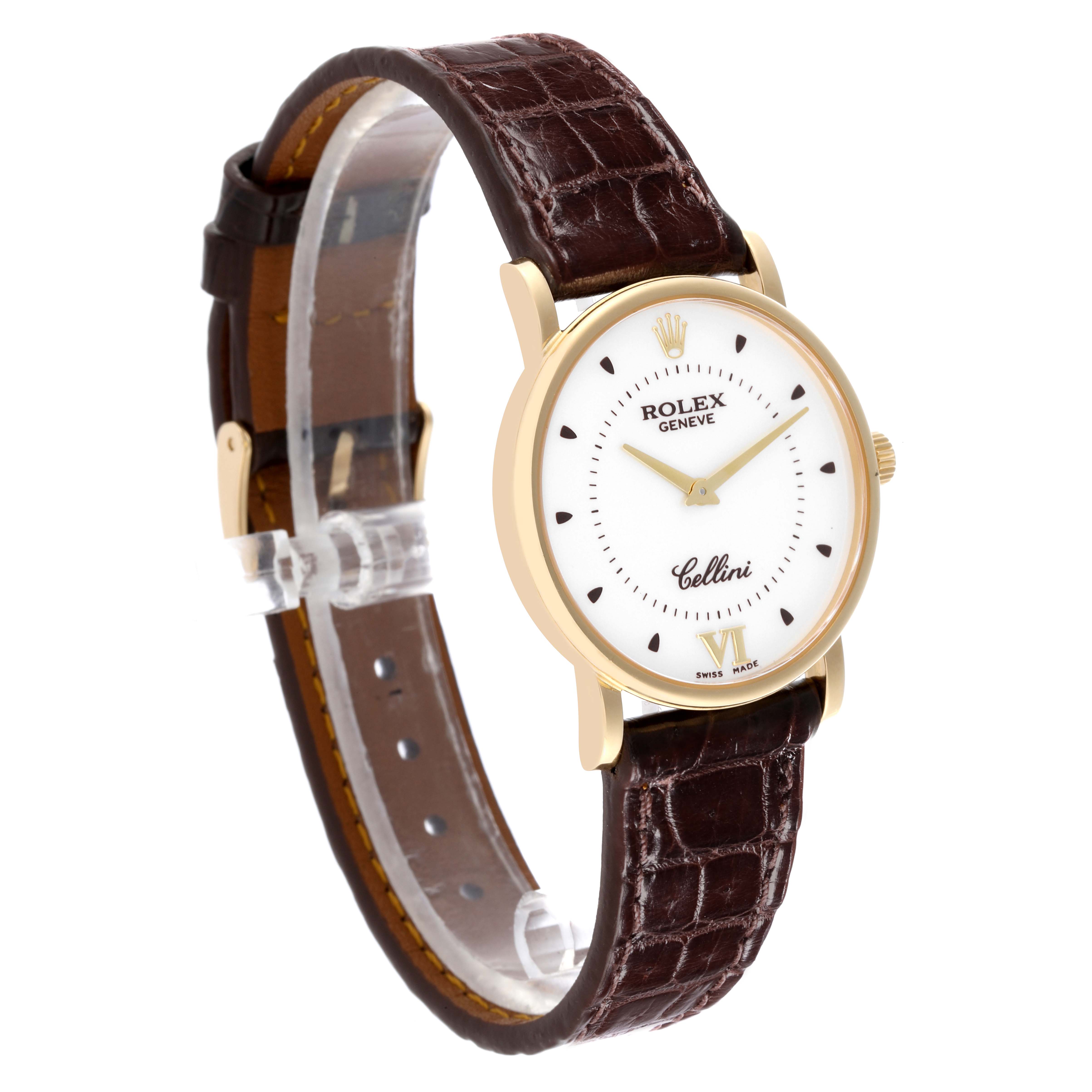 The Rolex Cellini 5115 Men's Yellow Gold Silver Dial 5115 Men's Yellow Gold Silver Dial watch is shown at a three-quarter angle, highlighting the face, crown, and brown leather strap.