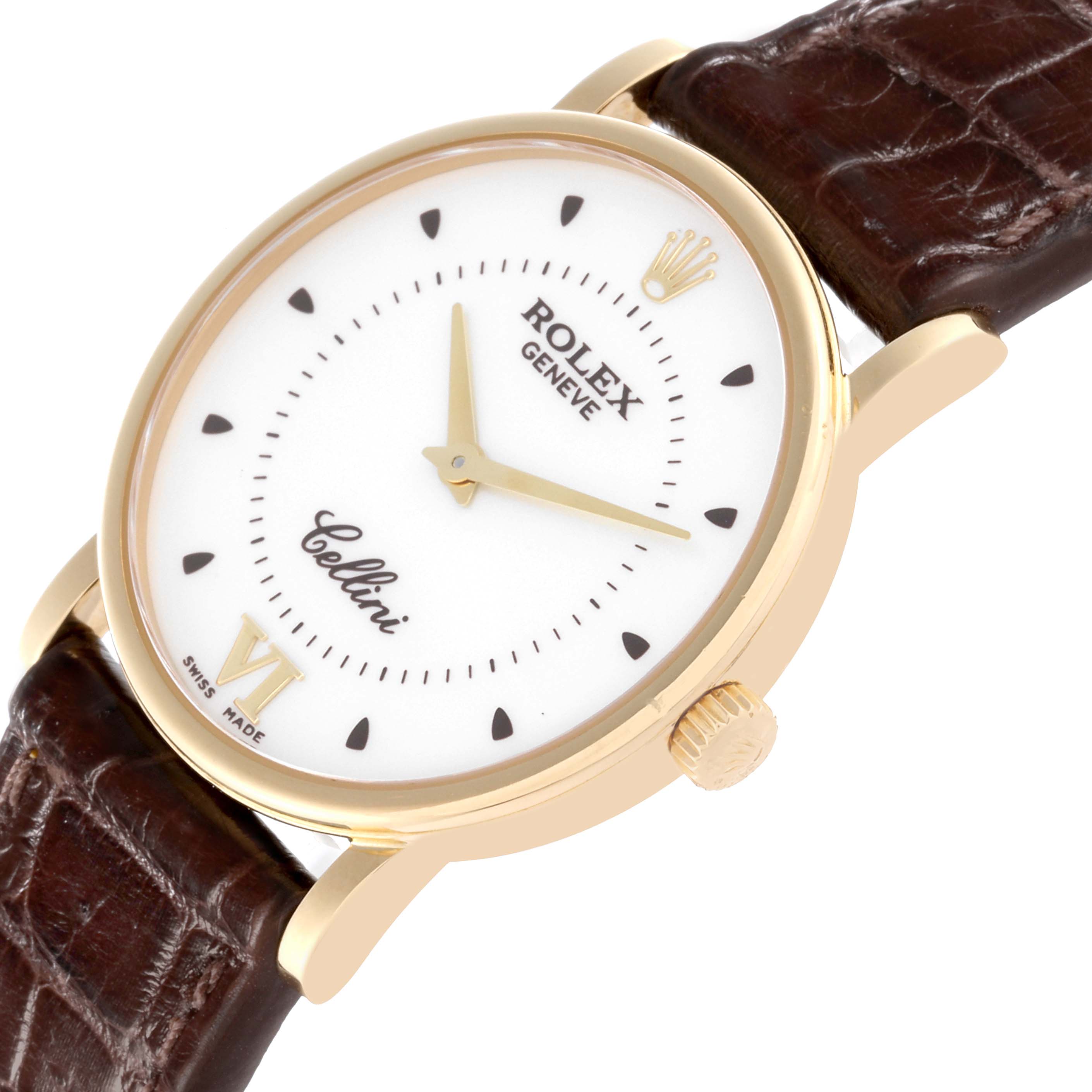The Rolex Cellini 5115 Men's Yellow Gold Silver Dial 5115 Men's Yellow Gold Silver Dial watch is shown at an angled view highlighting the white dial, gold hands, crown, and brown leather strap.