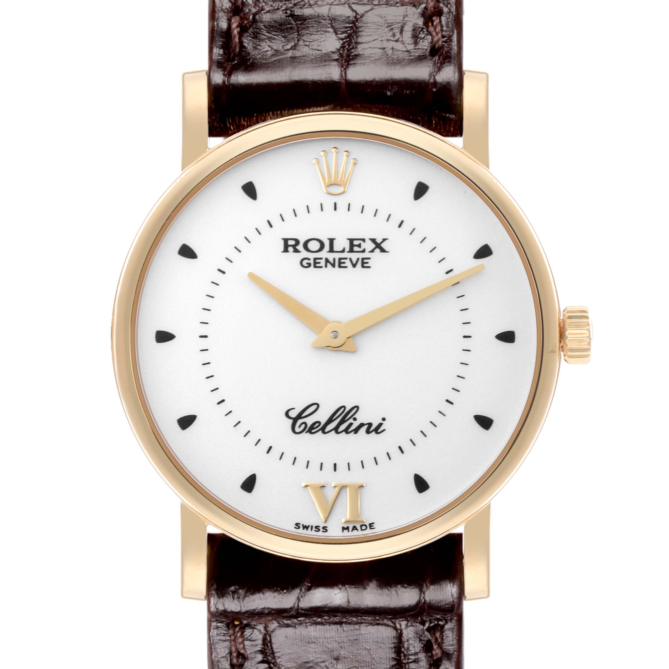 The Rolex Cellini 5115 Men's Yellow Gold Silver Dial 5115 Men's Yellow Gold Silver Dial watch is shown from a front angle, displaying the dial, bezel, crown, and leather strap.