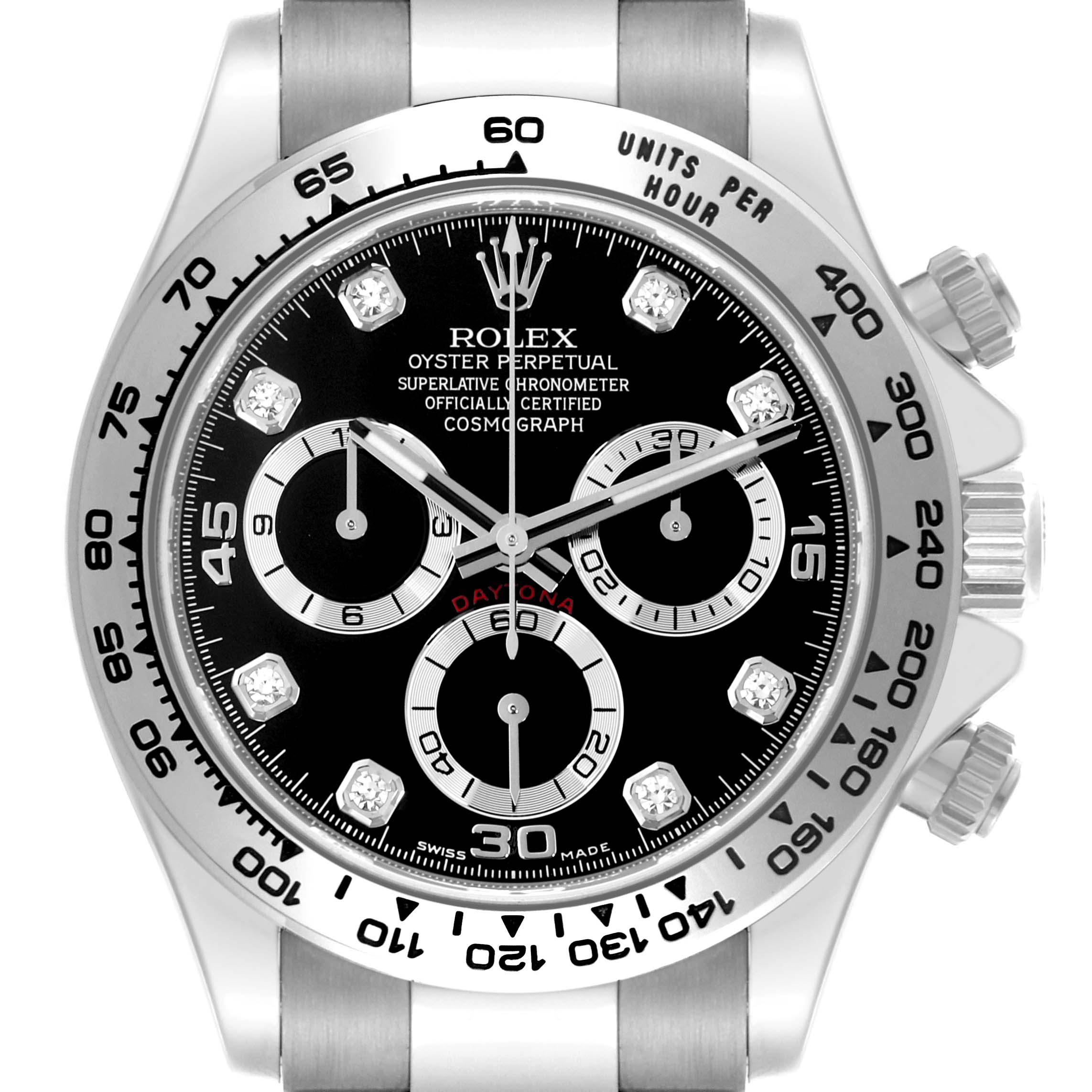 The Rolex Daytona 116509 Men's White Gold Black Dial 116509 Men's White Gold Black Dial watch is shown in a front view, displaying the dial, bezel, and crown.