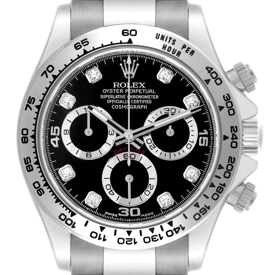 The Rolex Daytona watch is shown in a front view, displaying the dial, bezel, and crown.