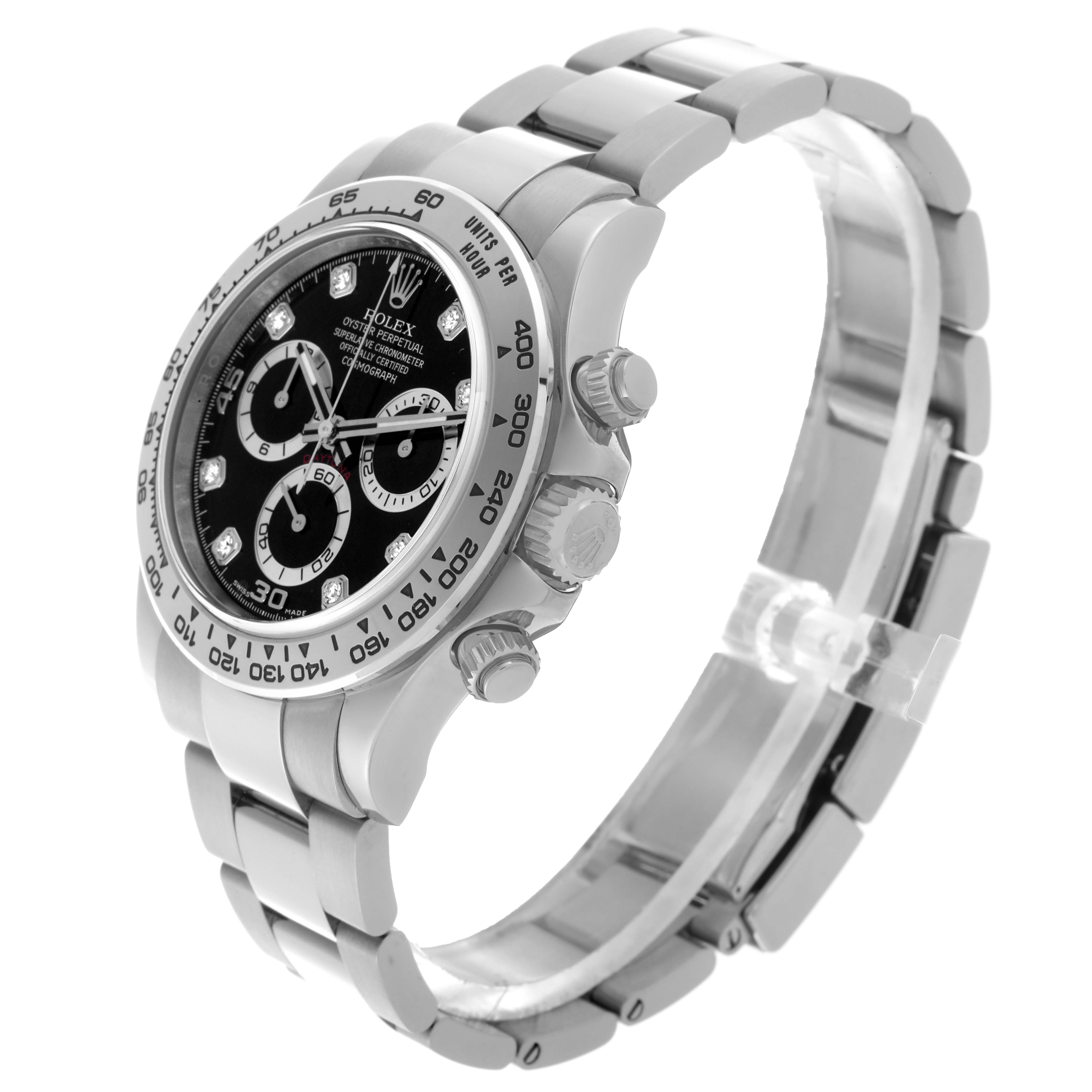 The Rolex Daytona 116509 Men's White Gold Black Dial 116509 Men's White Gold Black Dial watch is shown in a side-angle view, highlighting the bezel, dial, crown, and bracelet.