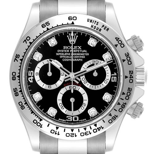 The Rolex Daytona watch is shown from a frontal angle, displaying its dial, bezel, and pushers clearly.