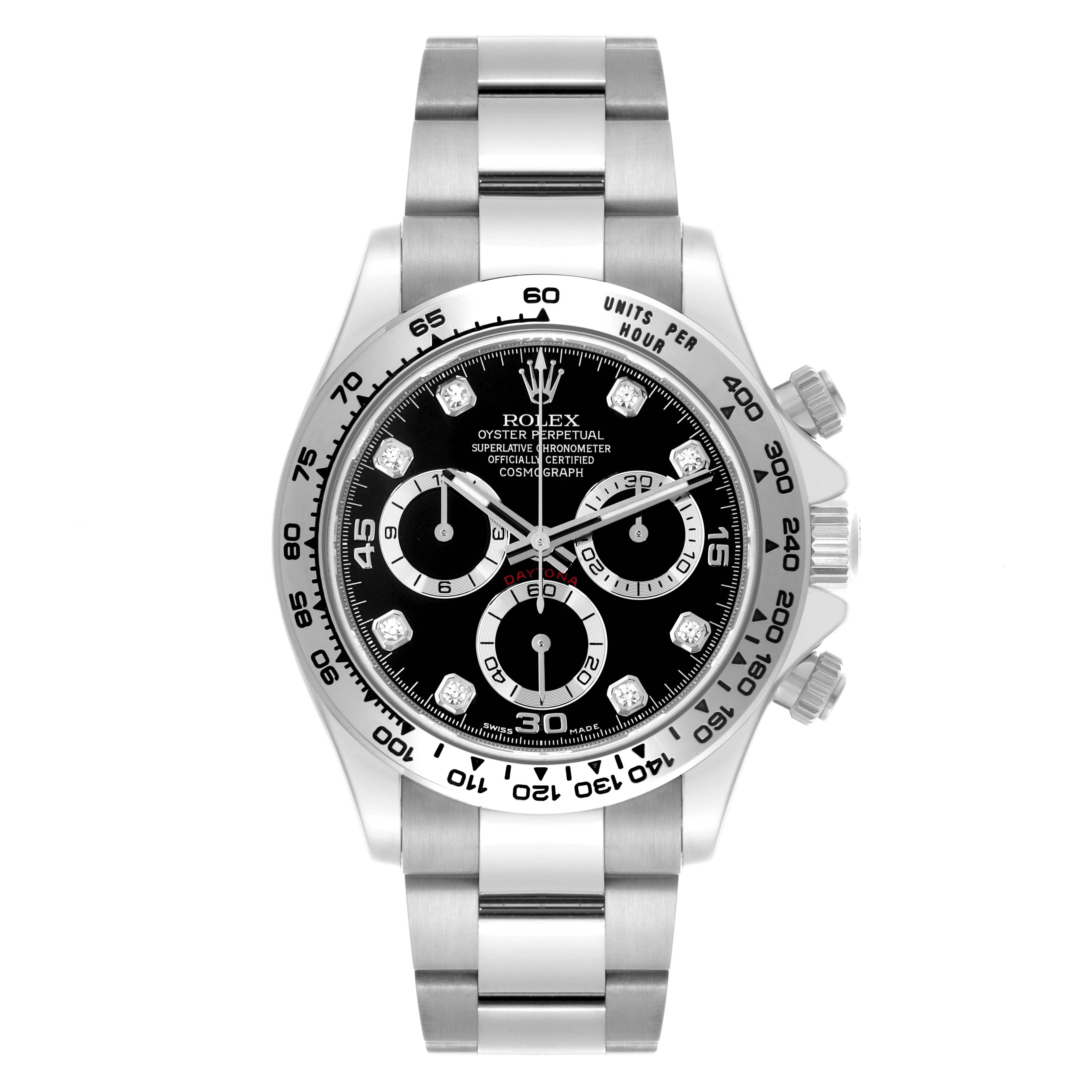 The Rolex Daytona 116509 Men's White Gold Black Dial 116509 Men's White Gold Black Dial watch is shown from a front angle, highlighting the dial, bezel, and bracelet.