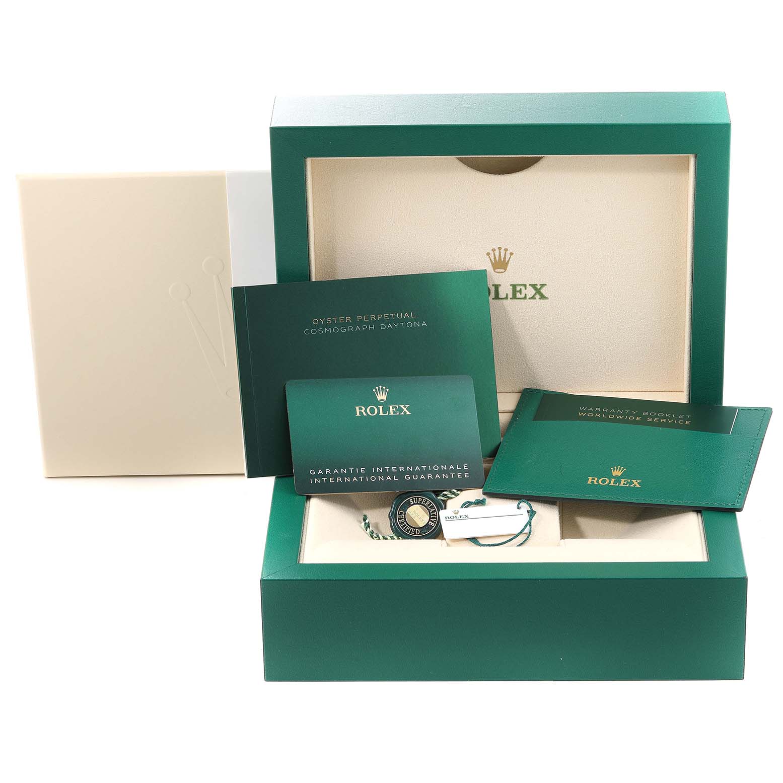 The image shows the packaging, warranty booklet, hang tag, and manuals for a Rolex Daytona 116515LN Men's Rose Gold Black Dial 116515LN Men's Rose Gold Black Dial watch.