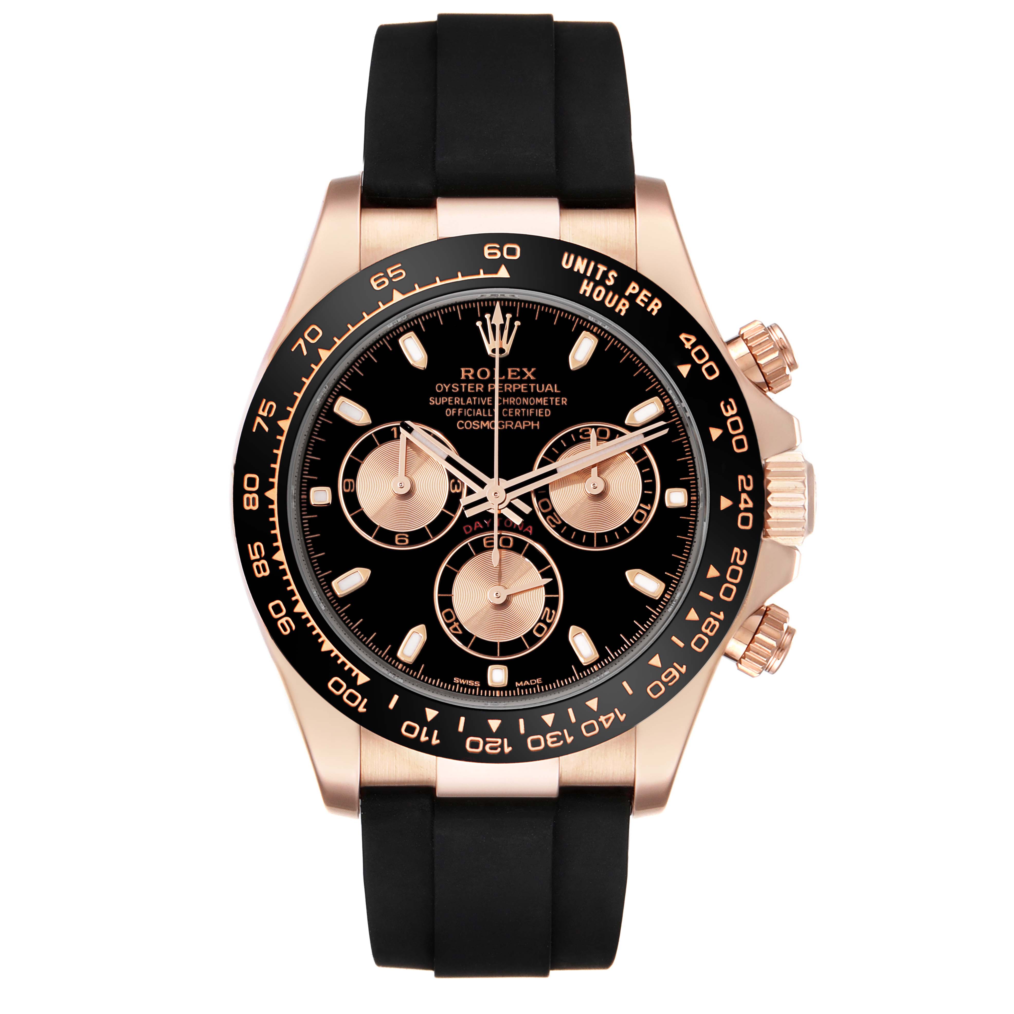 The image shows a front view of a Rolex Daytona 116515LN Men's Rose Gold Black Dial 116515LN Men's Rose Gold Black Dial watch with rose gold case, black dial, chronograph subdials, and a black rubber strap.