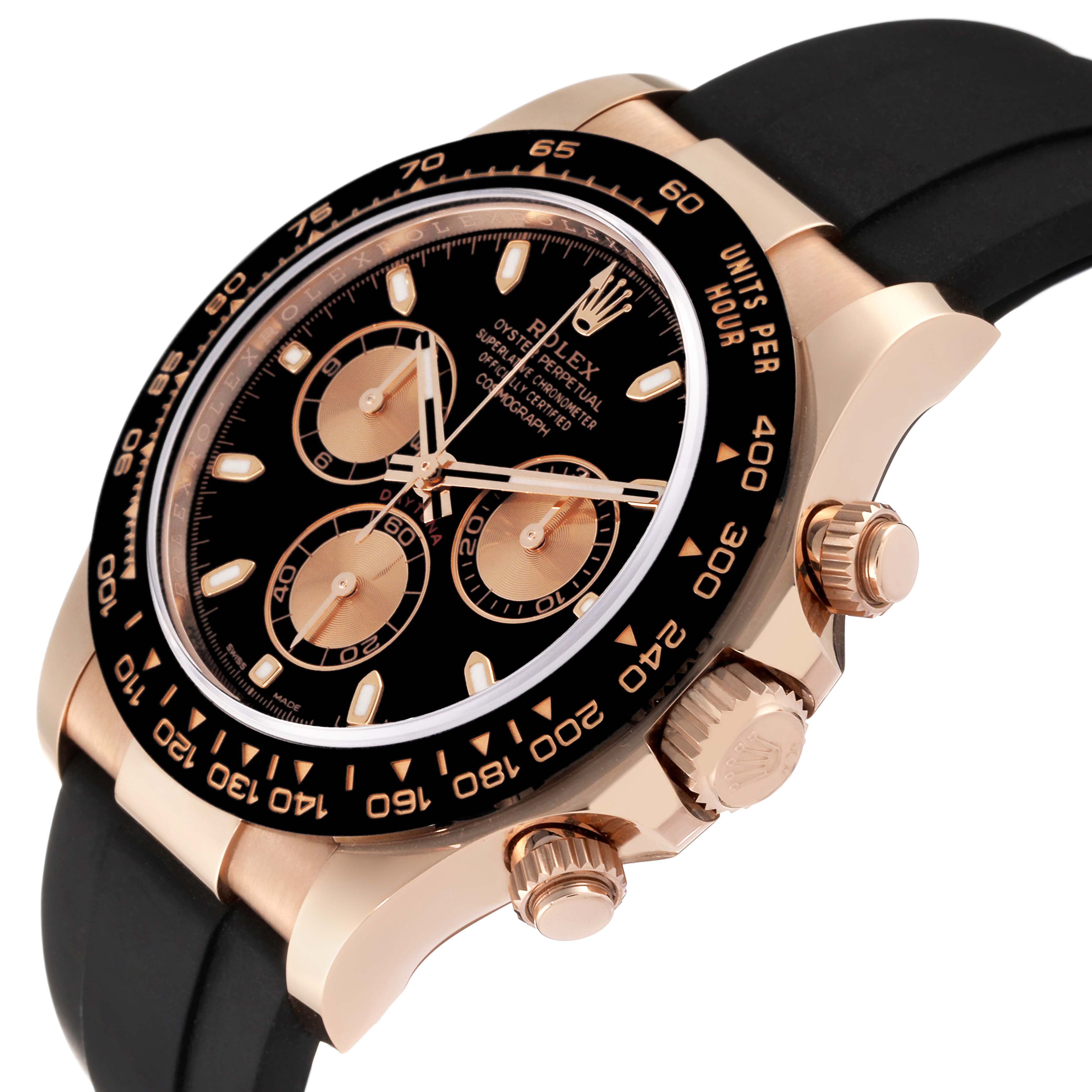The Rolex Daytona 116515LN Men's Rose Gold Black Dial 116515LN Men's Rose Gold Black Dial watch is shown at an angle displaying its face, bezel, crown, and chronograph pushers.