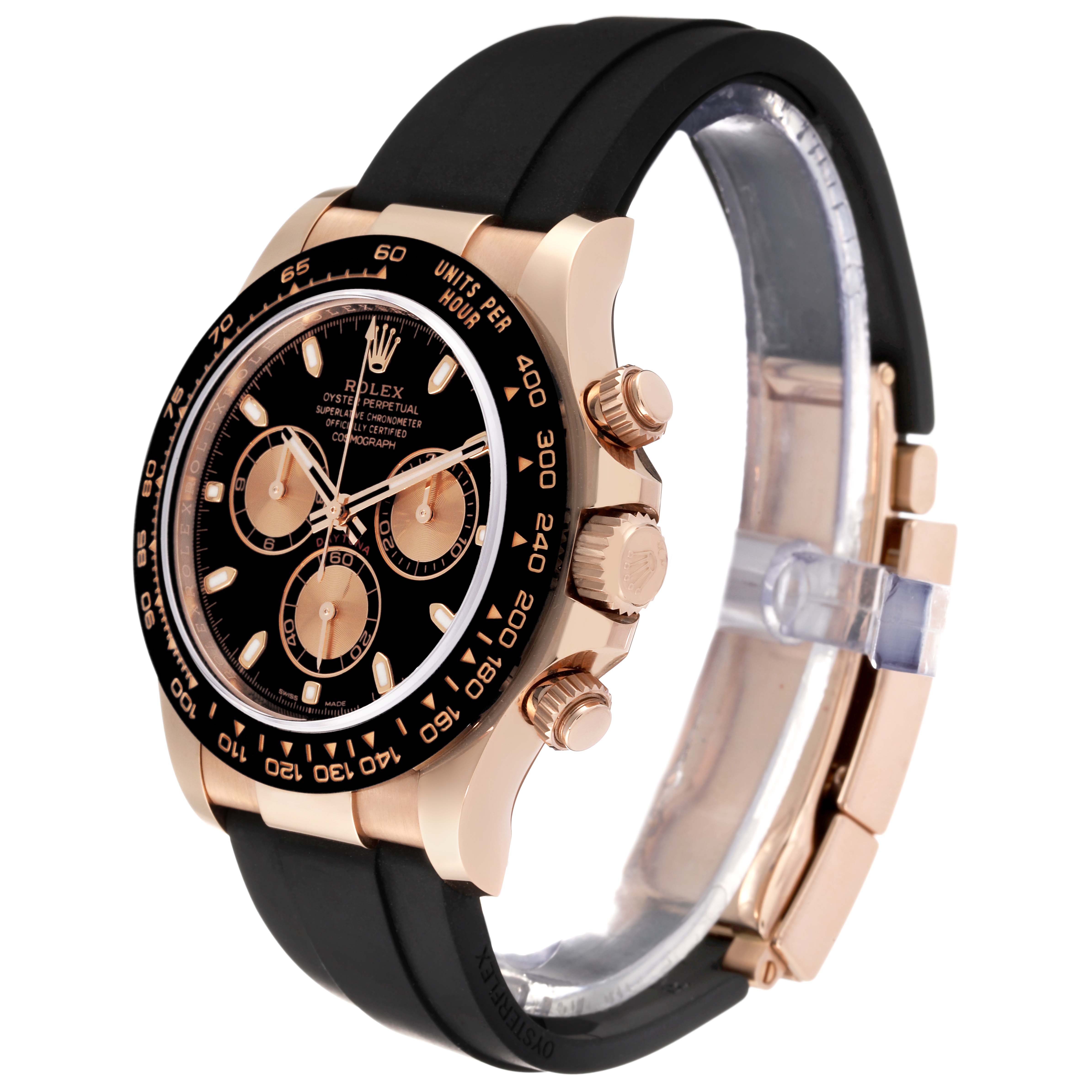 This Rolex Daytona 116515LN Men's Rose Gold Black Dial 116515LN Men's Rose Gold Black Dial watch is shown at a slight angle, showcasing its black dial, gold case, chronograph sub-dials, and black rubber strap.