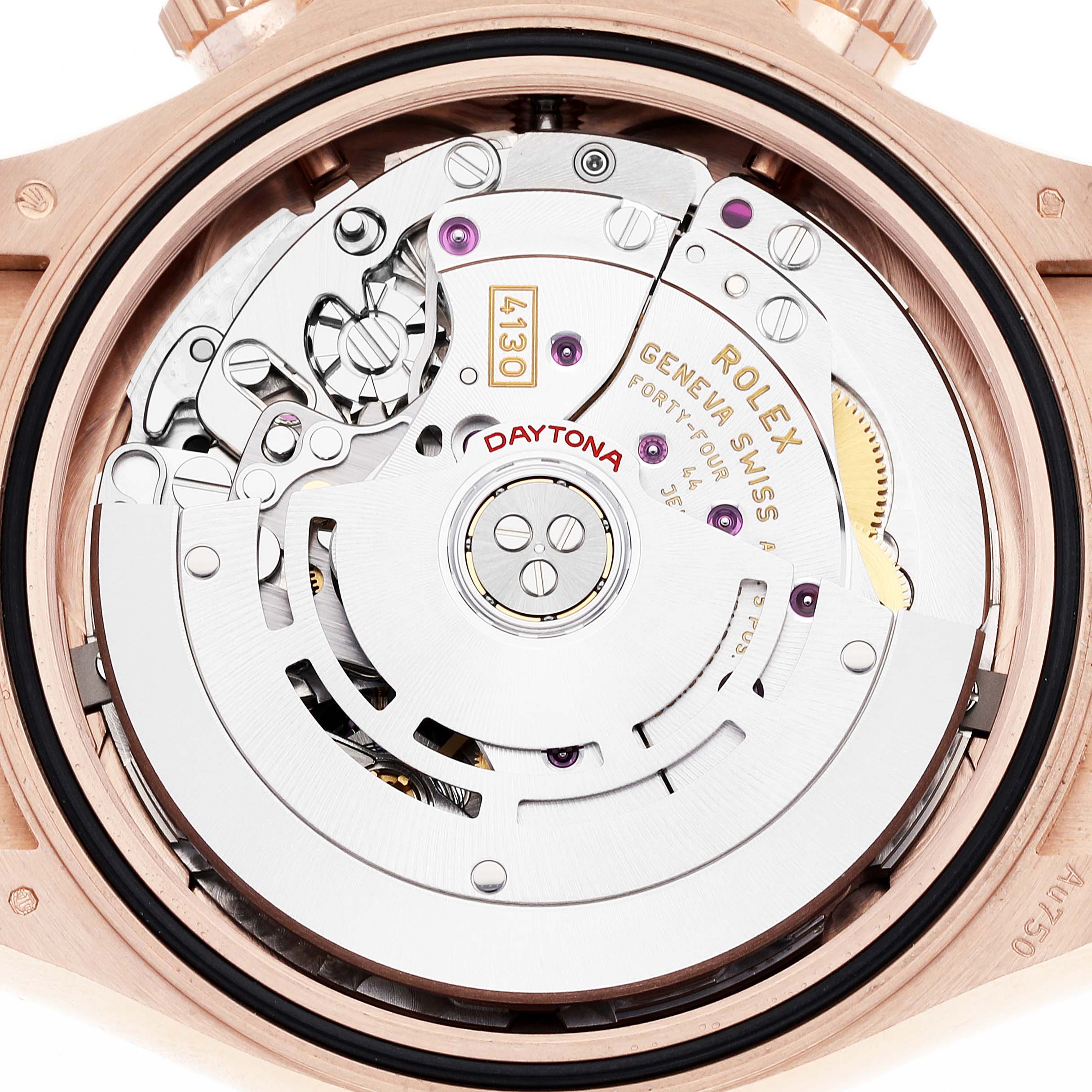 This image shows the inner mechanics of a Rolex Daytona 116515LN Men's Rose Gold Black Dial 116515LN Men's Rose Gold Black Dial watch from a close-up, top-down angle.