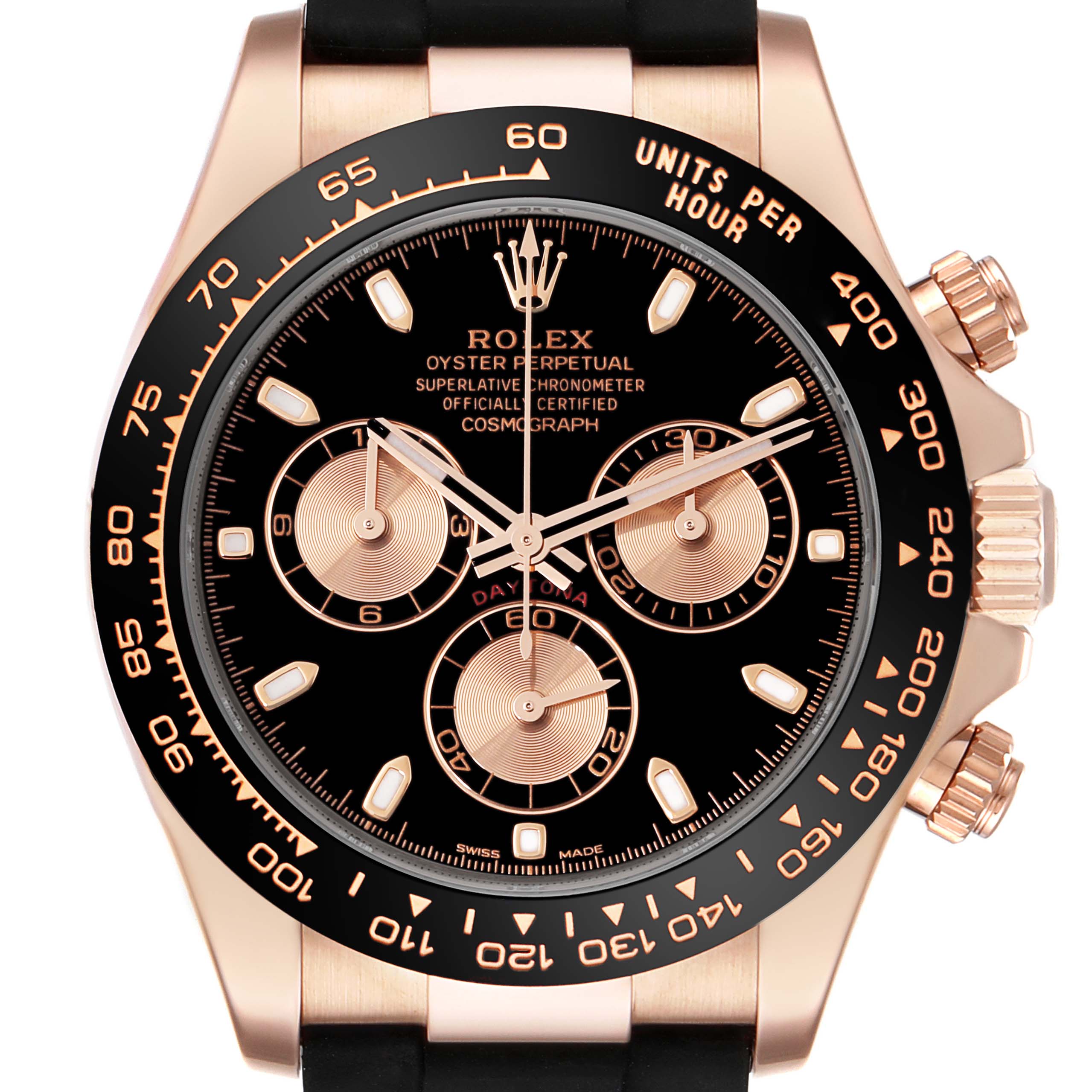 The image shows a close-up of the Rolex Daytona 116515LN Men's Rose Gold Black Dial 116515LN Men's Rose Gold Black Dial's face, featuring its bezel, crown, and chronograph sub-dials.