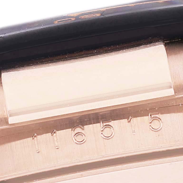 This image shows a close-up of the serial number engraved on the case of a Rolex Daytona 116515LN Men's Rose Gold Black Dial 116515LN Men's Rose Gold Black Dial watch.