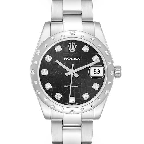 The Rolex Mid-Size 178344 Women's Steel and Gold (two tone) Black Dial watch is shown from a front angle, highlighting the dial, bezel, bracelet, and crown.