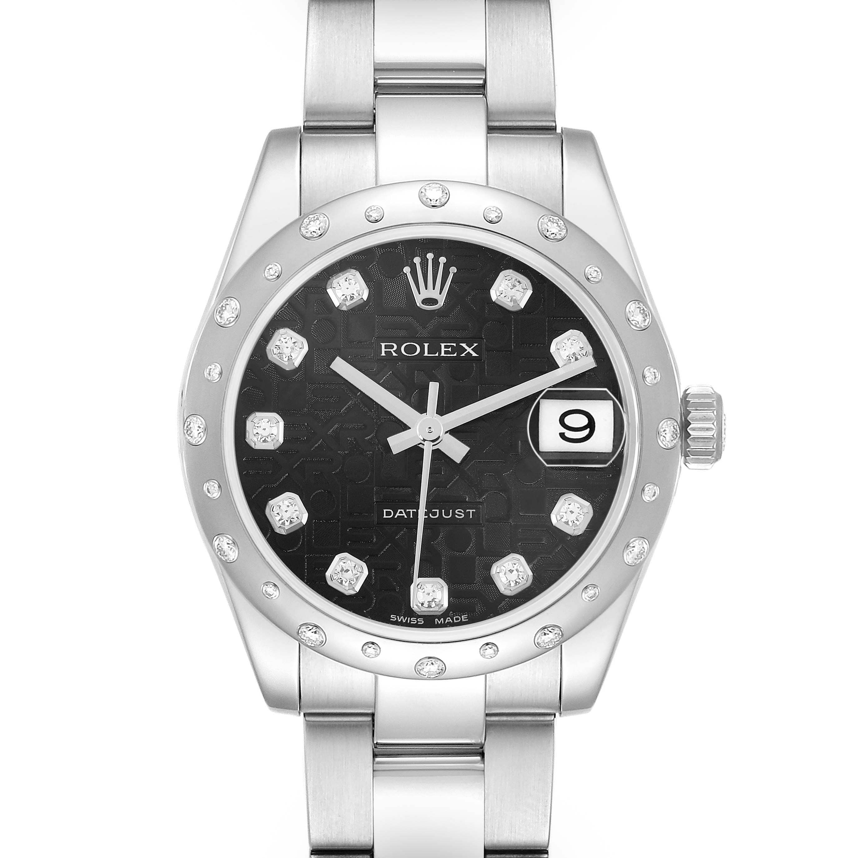 The Rolex Mid-Size 178344 Women
s Steel and Gold (two tone) Black Dial model is shown from a front view, highlighting the dial, bezel, and bracelet.