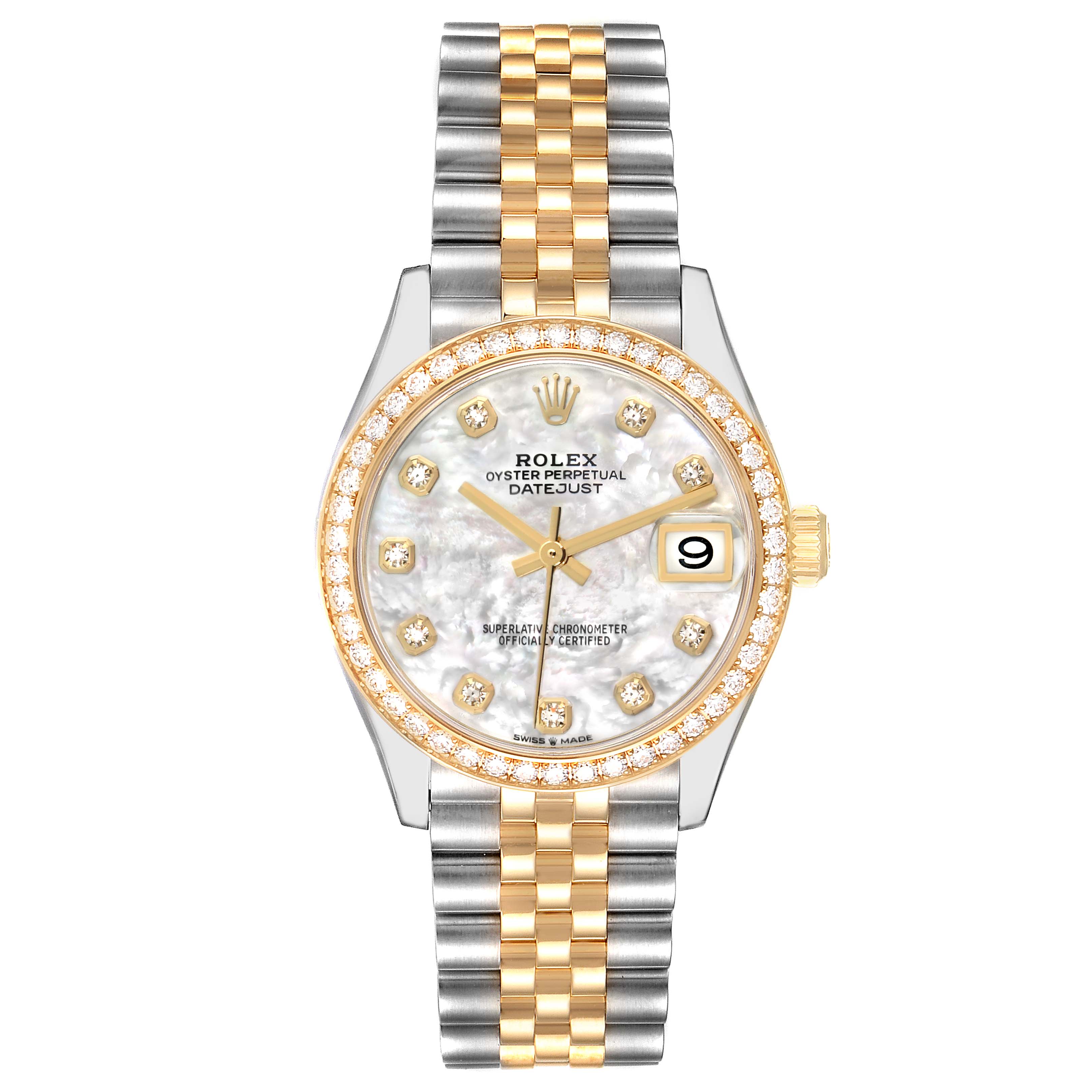 The Rolex Mid-Size 278383 Women
s Steel and Gold (two tone) Mother of Pearl Dial watch is shown from the front, displaying the face, bezel, case, and part of the bracelet.