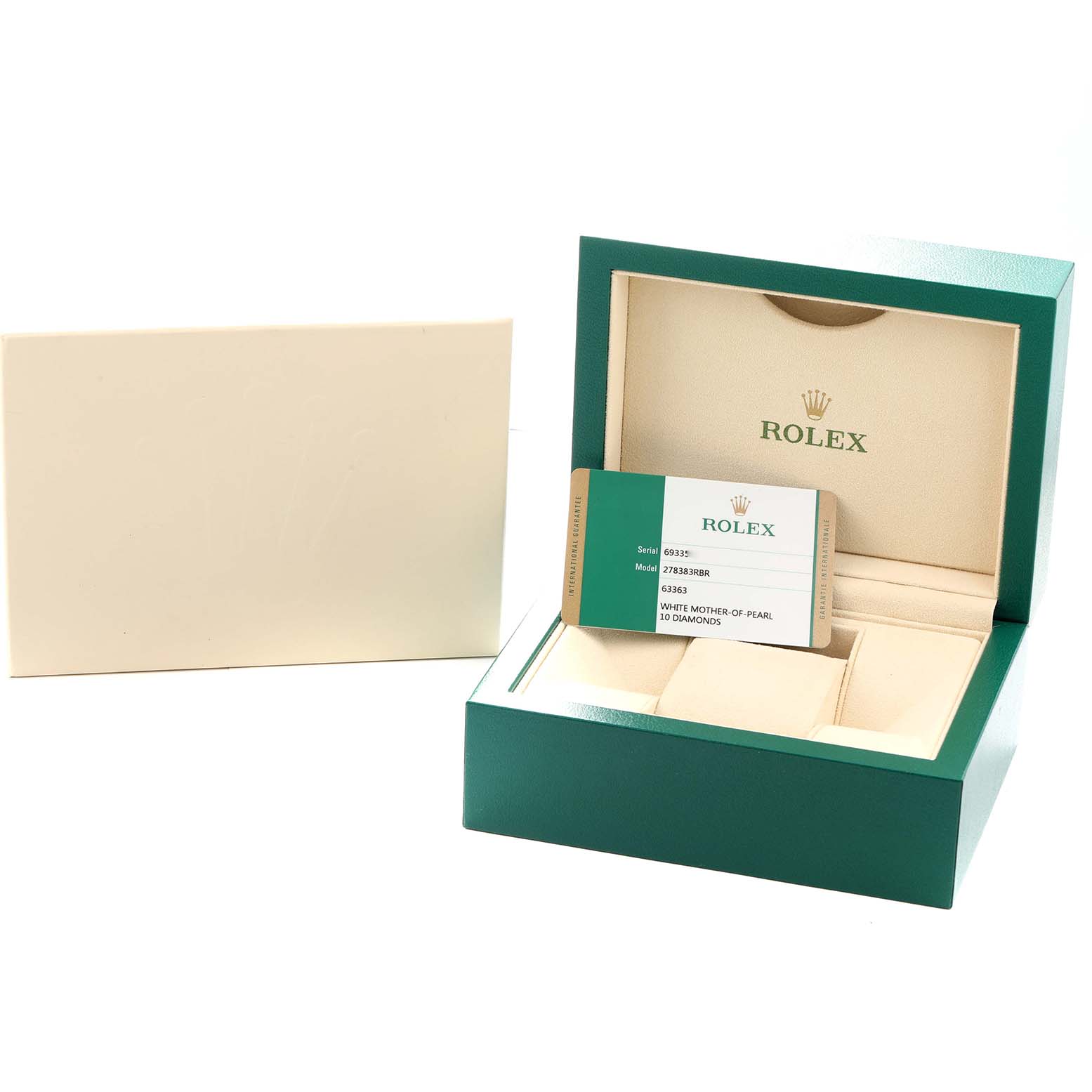 The image shows a Rolex Mid-Size 278383 Women
s Steel and Gold (two tone) Mother of Pearl Dial watch box, warranty card, and packaging from a slightly elevated angle.