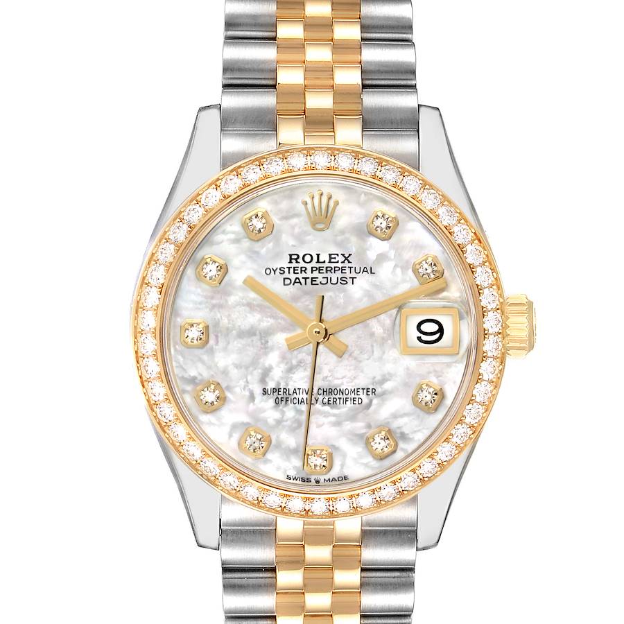 The Rolex Mid-Size 278383 Women's Steel and Gold (two tone) Mother of Pearl Dial watch is shown from the front, highlighting its dial, diamond bezel, and two-tone bracelet.