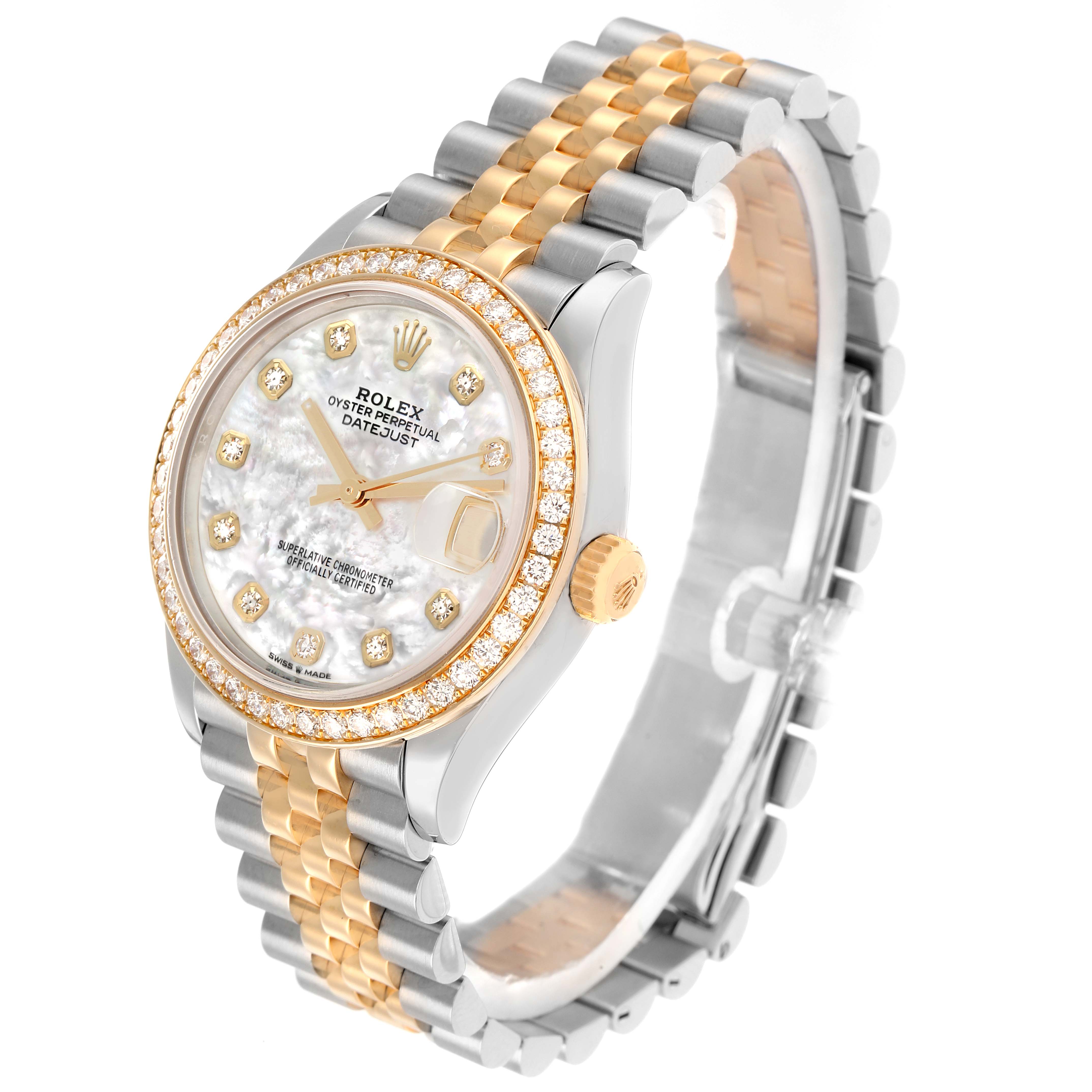 The Rolex Datejust is shown at an angled view, highlighting its two-tone bracelet, diamond bezel, and dial.