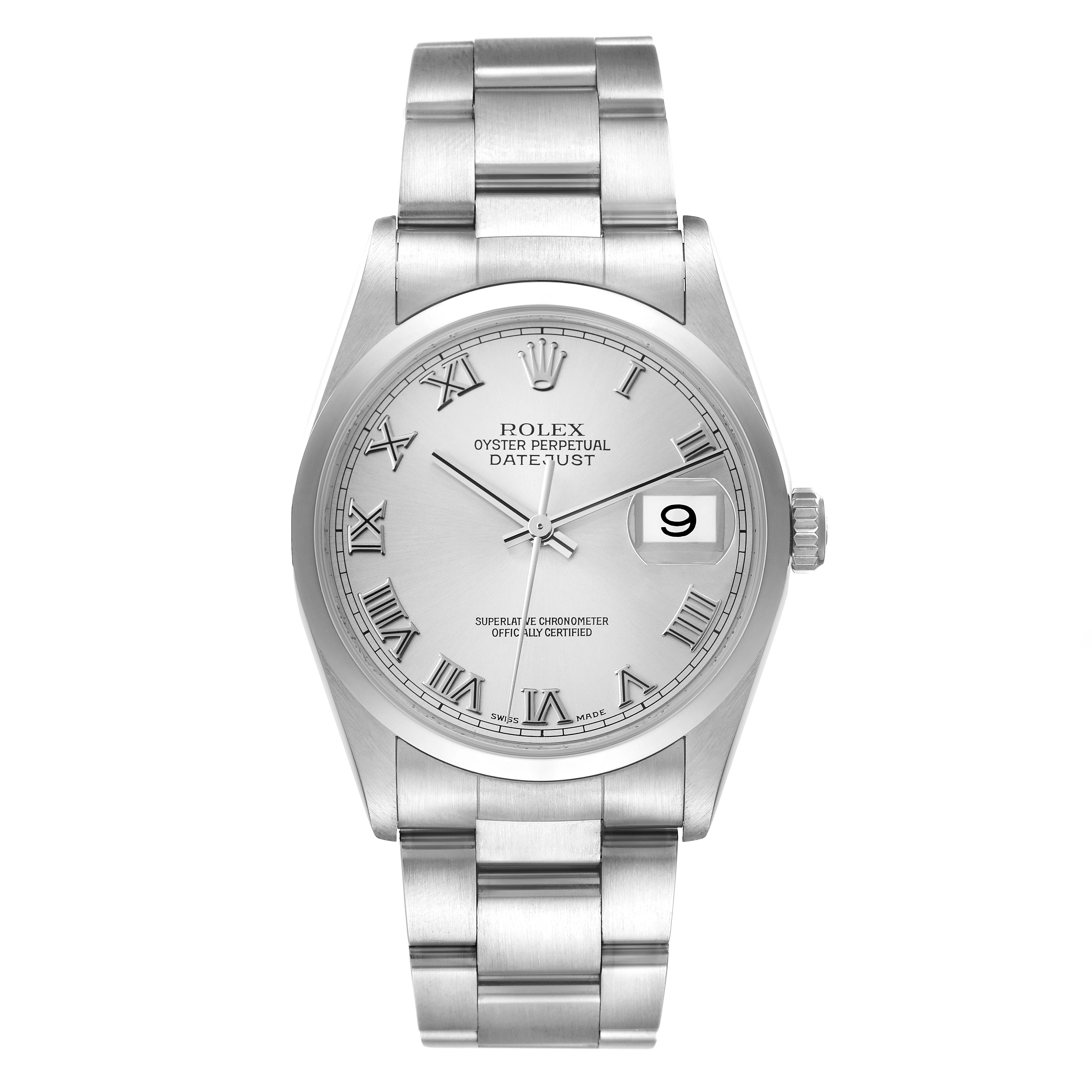 The Rolex Datejust 16200 Men's Stainless Steel Grey Dial 16200 Men's Stainless Steel Grey Dial watch is shown from a front angle, displaying the dial, bracelet, crown, and date window.
