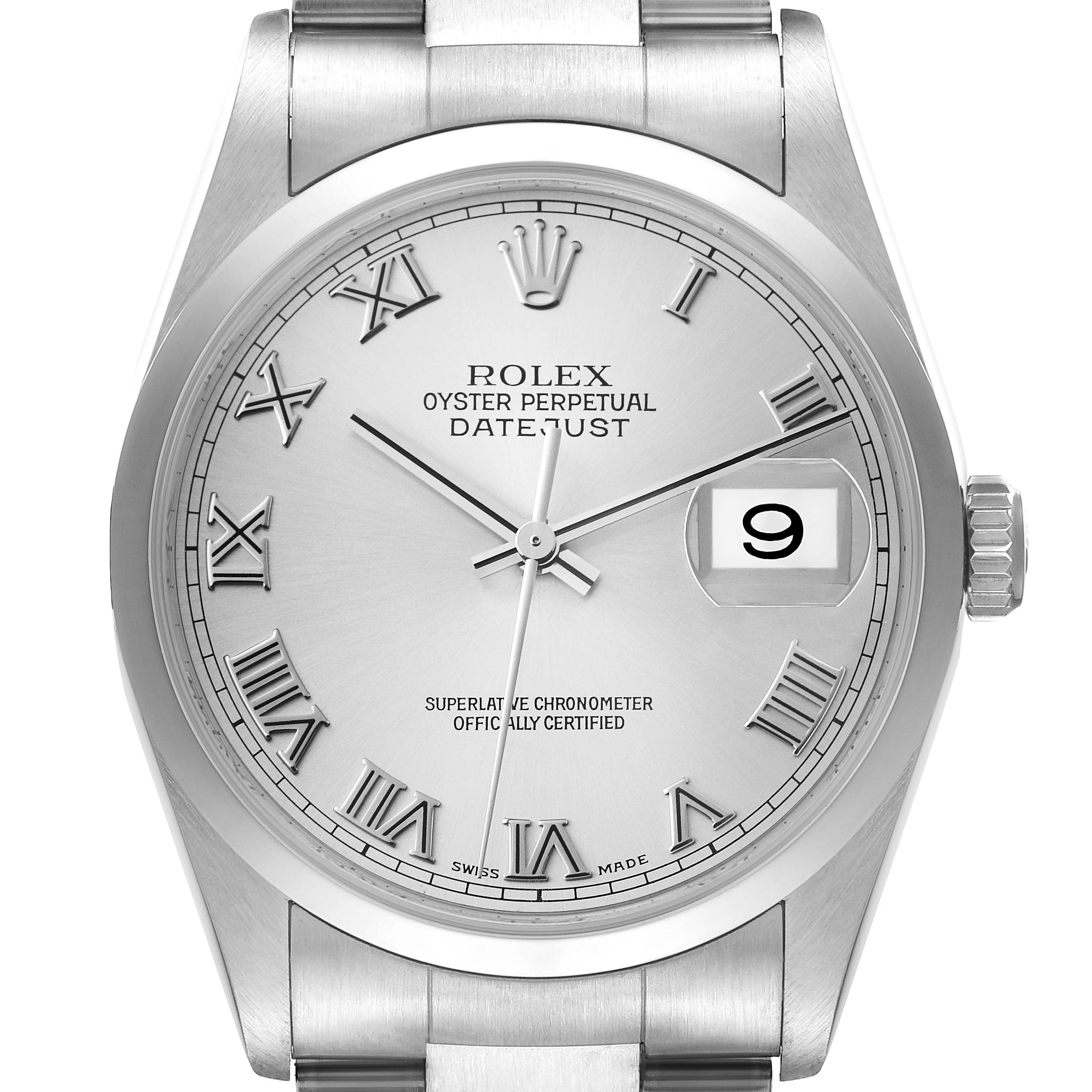 This image shows a front view of the Rolex Datejust 16200 Men's Stainless Steel Grey Dial 16200 Men's Stainless Steel Grey Dial watch, highlighting its face, Roman numerals, and date window.
