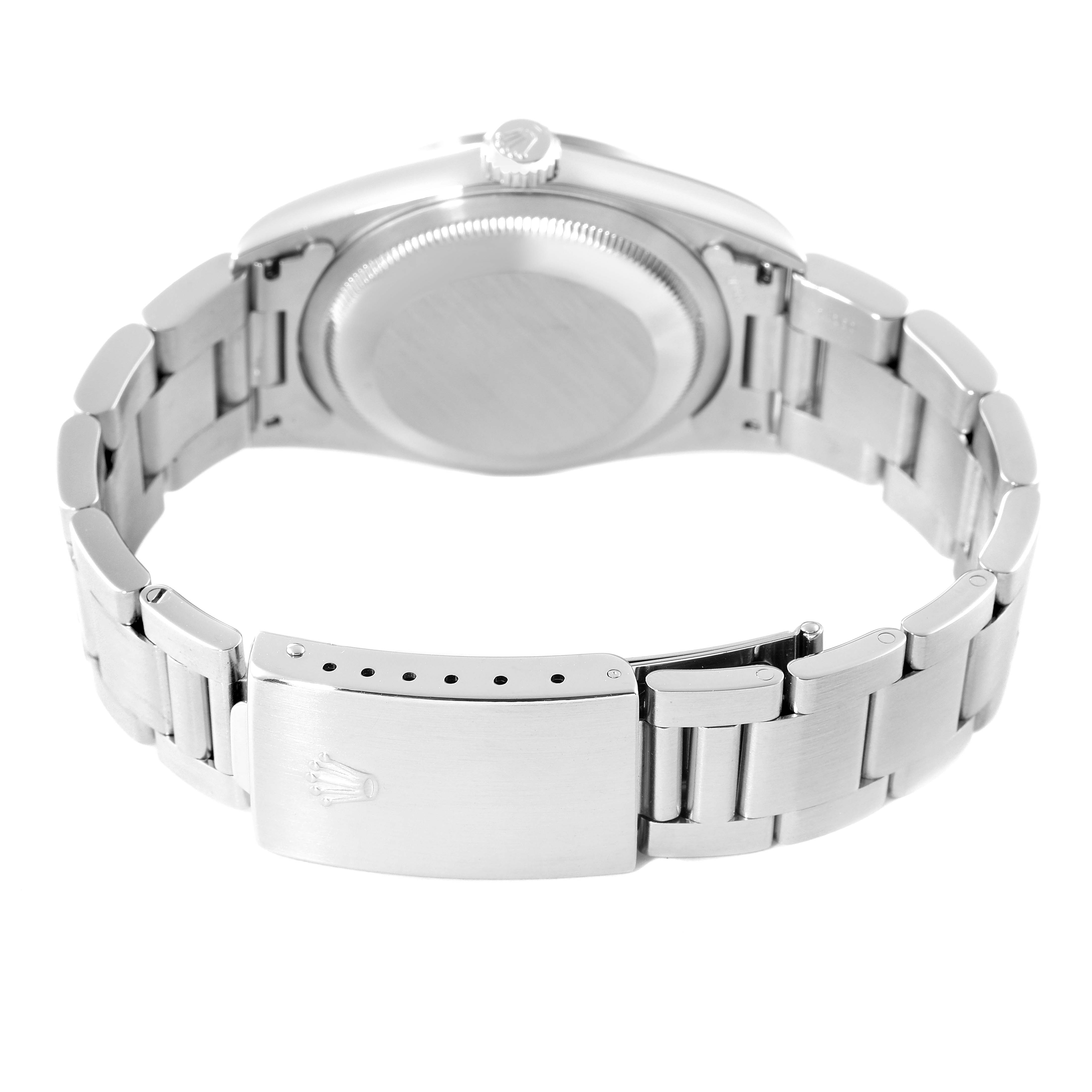 The image shows the backside and clasp of a Rolex Datejust 16200 Men's Stainless Steel Grey Dial 16200 Men's Stainless Steel Grey Dial watch with a stainless steel bracelet.