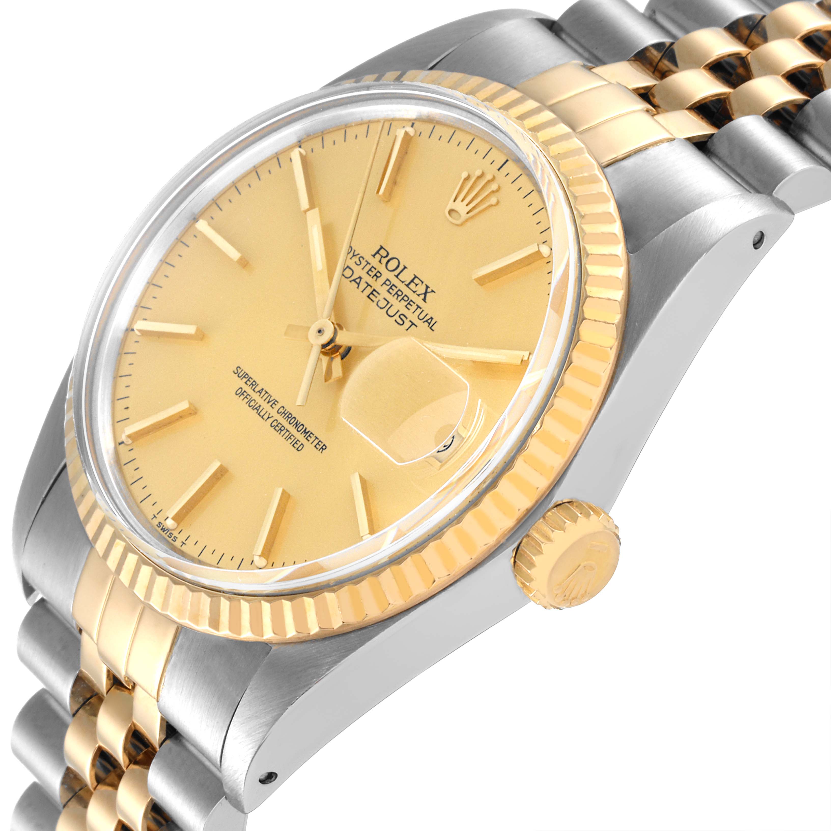 The image shows a close-up, angled view of the dial, bezel, crown, and bracelet of the Rolex Vintage Collection 16013 Men
s Steel and Gold (two tone) Champagne Dial 16013 Men
s Steel and Gold (two tone) Champagne Dial Datejust watch.