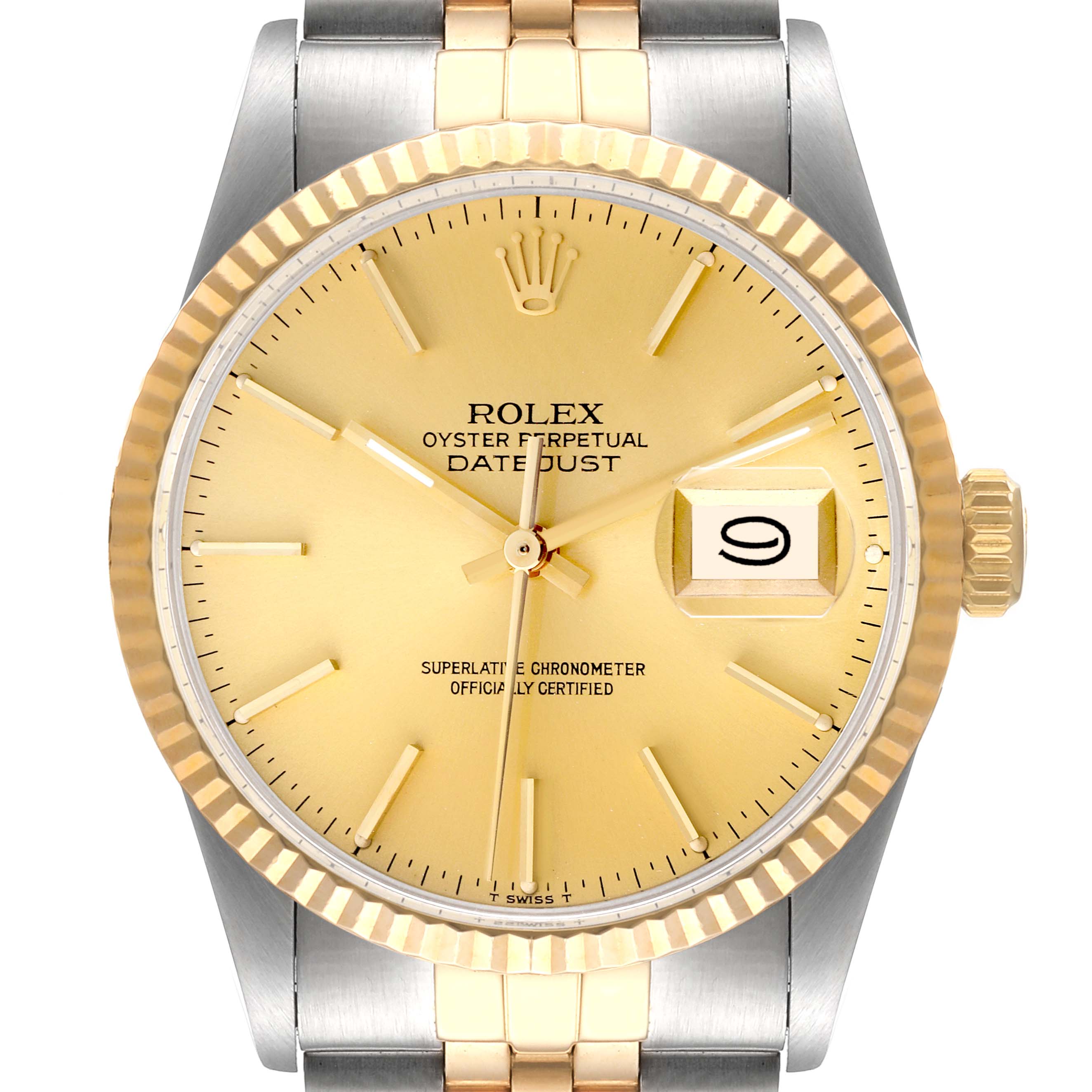The Rolex Vintage Collection 16013 Men
s Steel and Gold (two tone) Champagne Dial 16013 Men
s Steel and Gold (two tone) Champagne Dial Datejust watch is shown from a front angle, displaying the dial, bezel, crown, and parts of the bracelet.