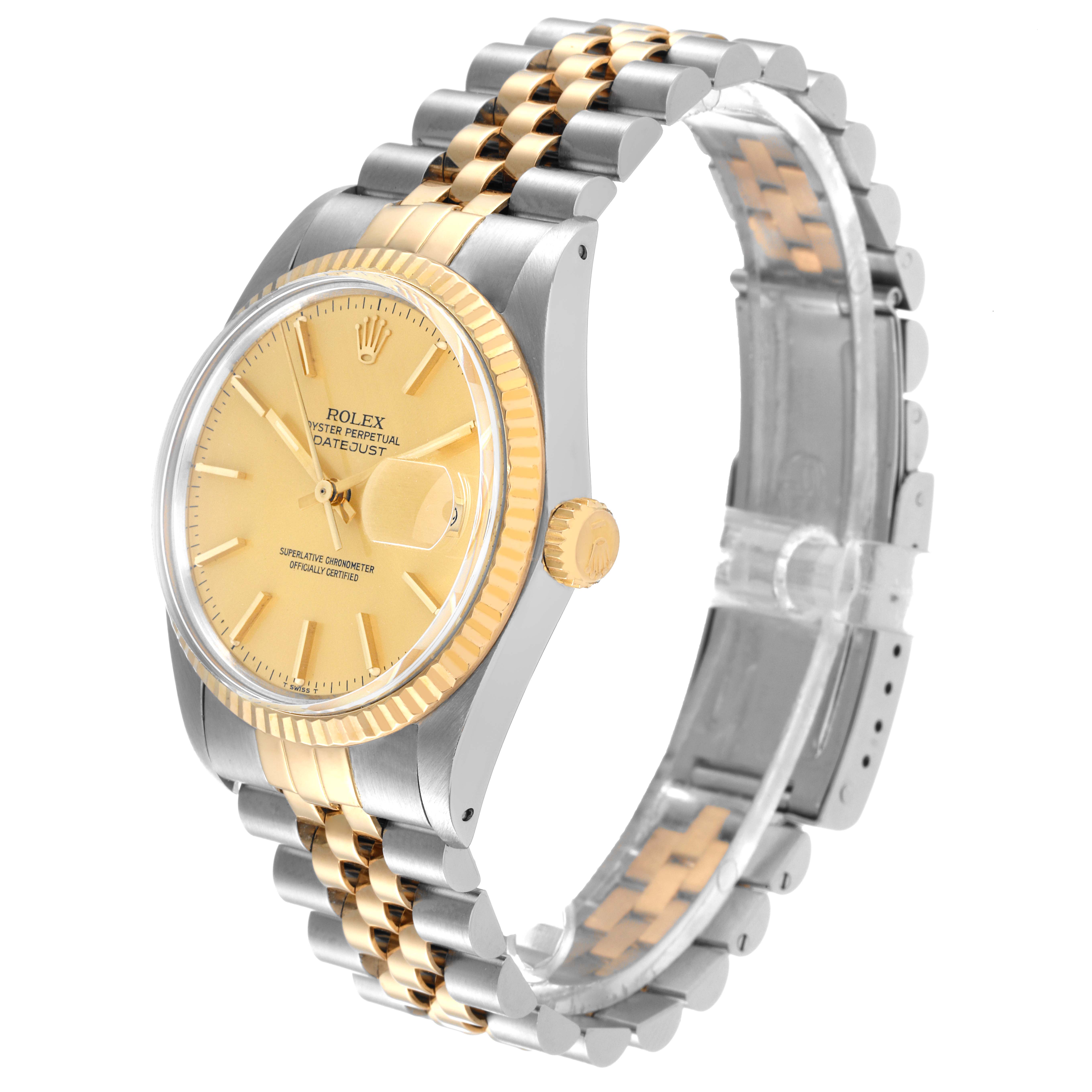 The Rolex Vintage Collection 16013 Men
s Steel and Gold (two tone) Champagne Dial 16013 Men
s Steel and Gold (two tone) Champagne Dial watch is shown from a three-quarter angle, displaying the bracelet, dial, and crown.