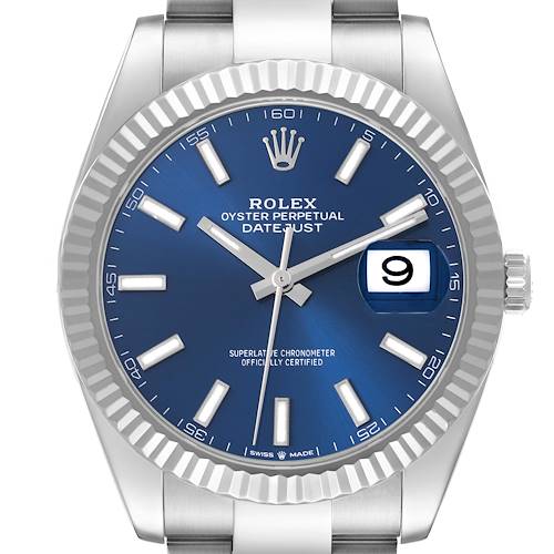 The Rolex Datejust 41 is shown from the front, highlighting the blue dial, fluted bezel, and date magnifier.