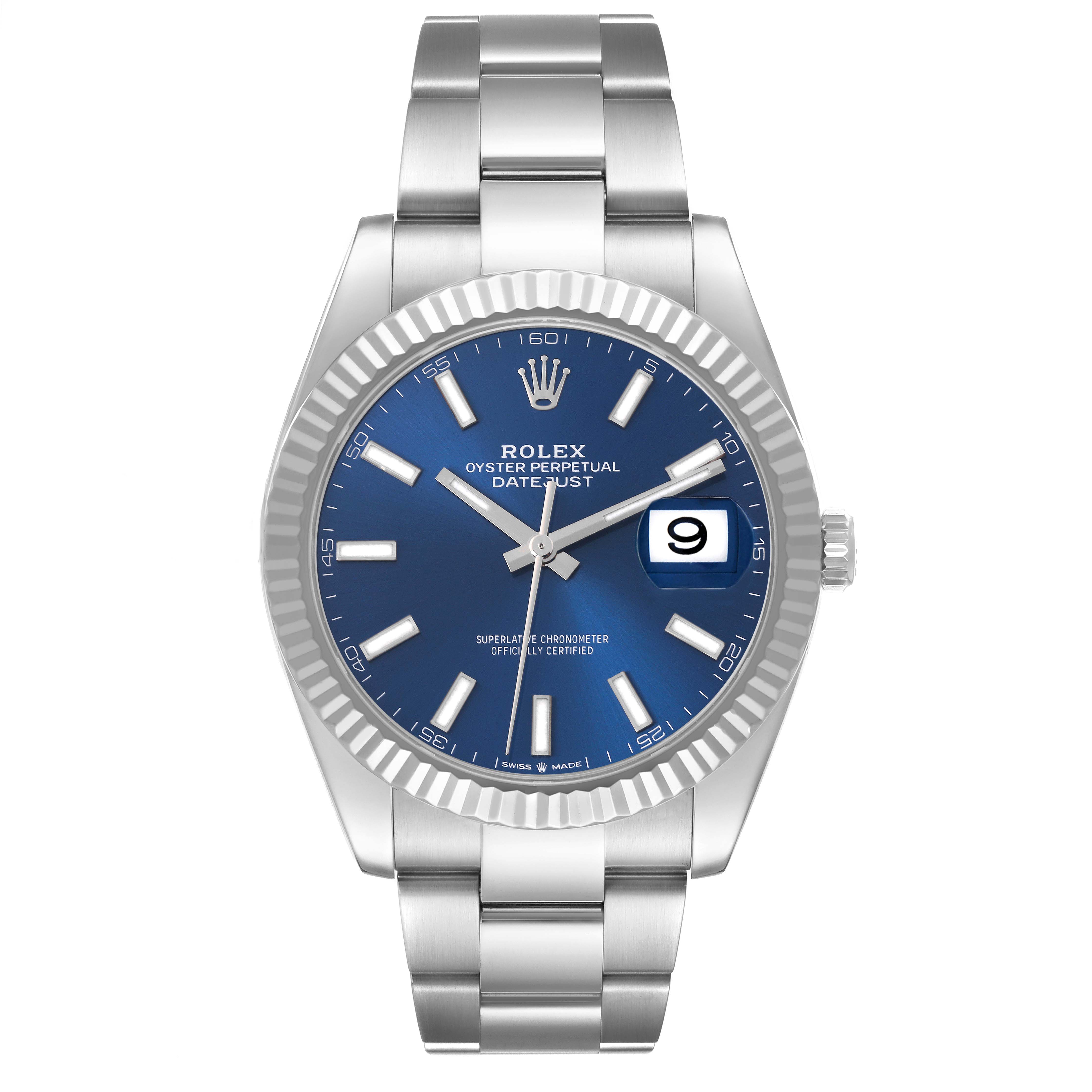 The Rolex Datejust 41 126334 Men
s Stainless Steel Blue Dial 126334 Men
s Stainless Steel Blue Dial watch is shown from the front, featuring its blue dial, fluted bezel, and stainless steel bracelet.