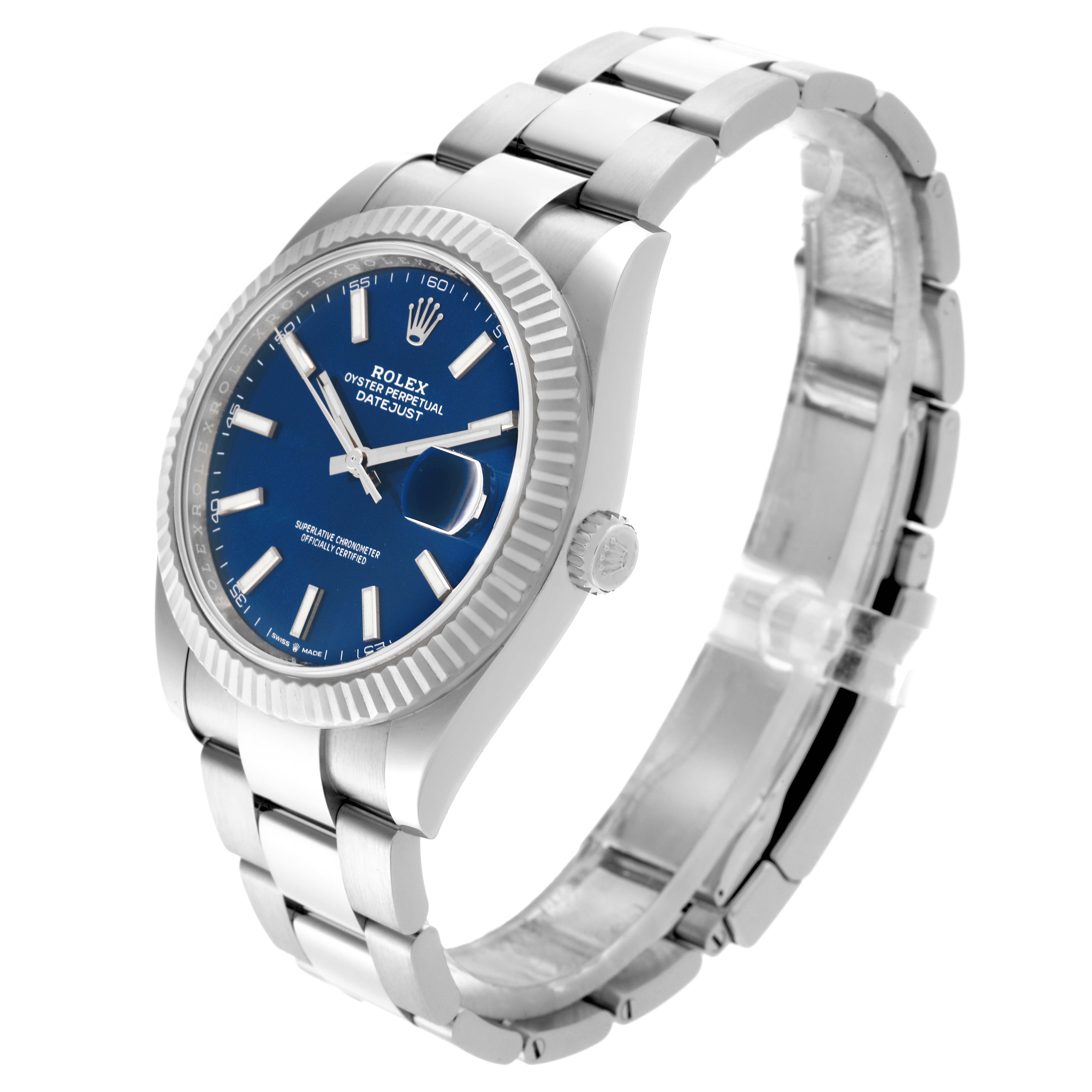 The Rolex Datejust 41 126334 Men
s Stainless Steel Blue Dial 126334 Men
s Stainless Steel Blue Dial is shown at a three-quarter angle, highlighting the blue dial, fluted bezel, crown, and bracelet.