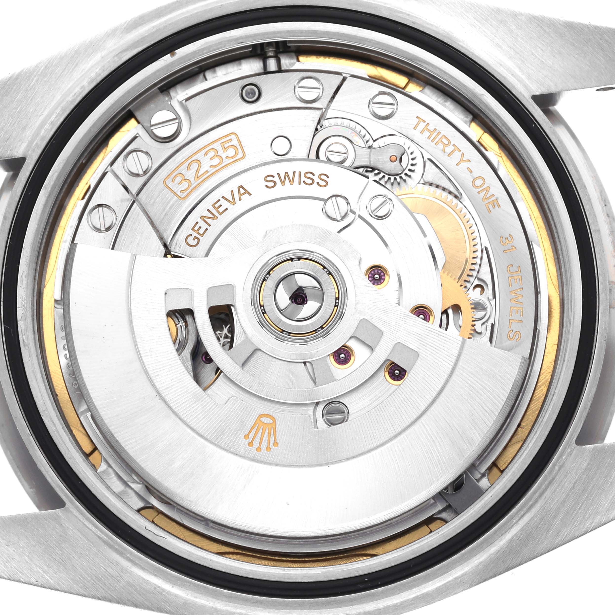 The image shows the inner movement mechanism of the Rolex Datejust 41 126334 Men
s Stainless Steel Blue Dial 126334 Men
s Stainless Steel Blue Dial watch.